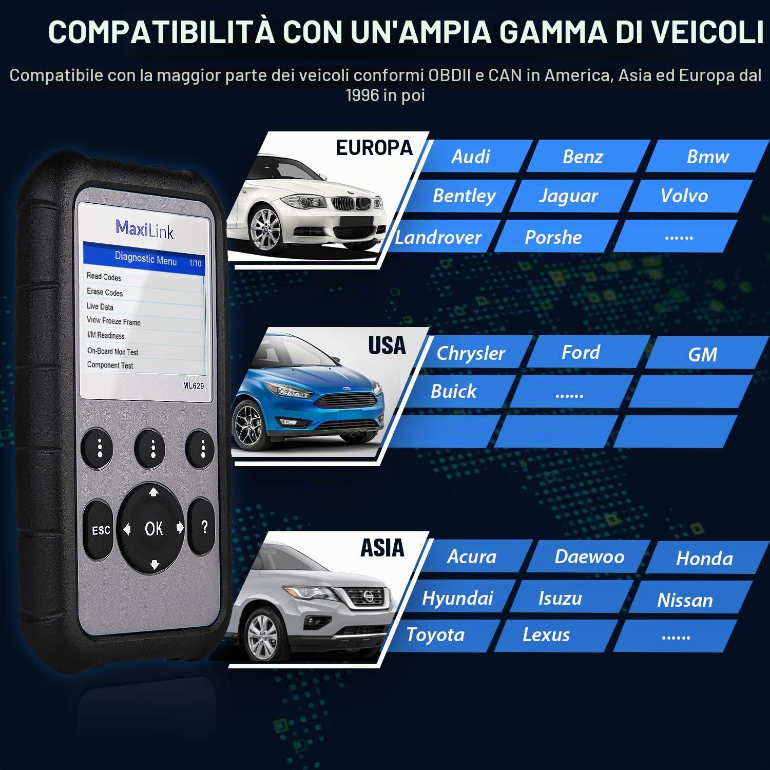 Autel MaxiLink ML629 Strumento Diagnostico Auto OBD2 Scanner | Per ABS, SRS, Motore e Trasmissione con Auto VIN, Ricerca DTC e Test Pronto - Versione Aggiornata Rispetto a ML619