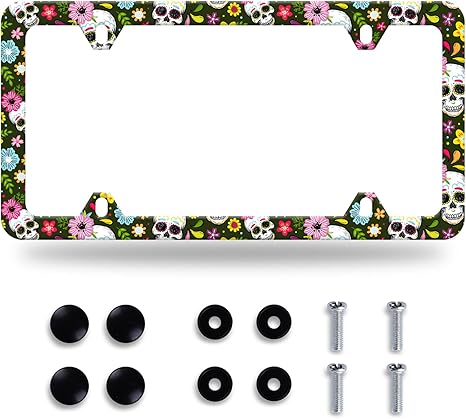 Sugar Skull License Plate Frame Skull and Flowers License Plate Stainless Steel Auto Parts Funny License Plate Decorative with Screws Size 12.3