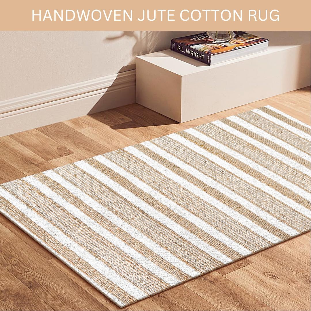 Area Rug Farmhouse 3x5 Feet - Hand Woven Jute Cotton Rug Bohemian Rustic Vintage - Non Slip Floor Rug for Bedroom Living Room Kitchen Dorm Entryway Hallway - Area Rug Natural White