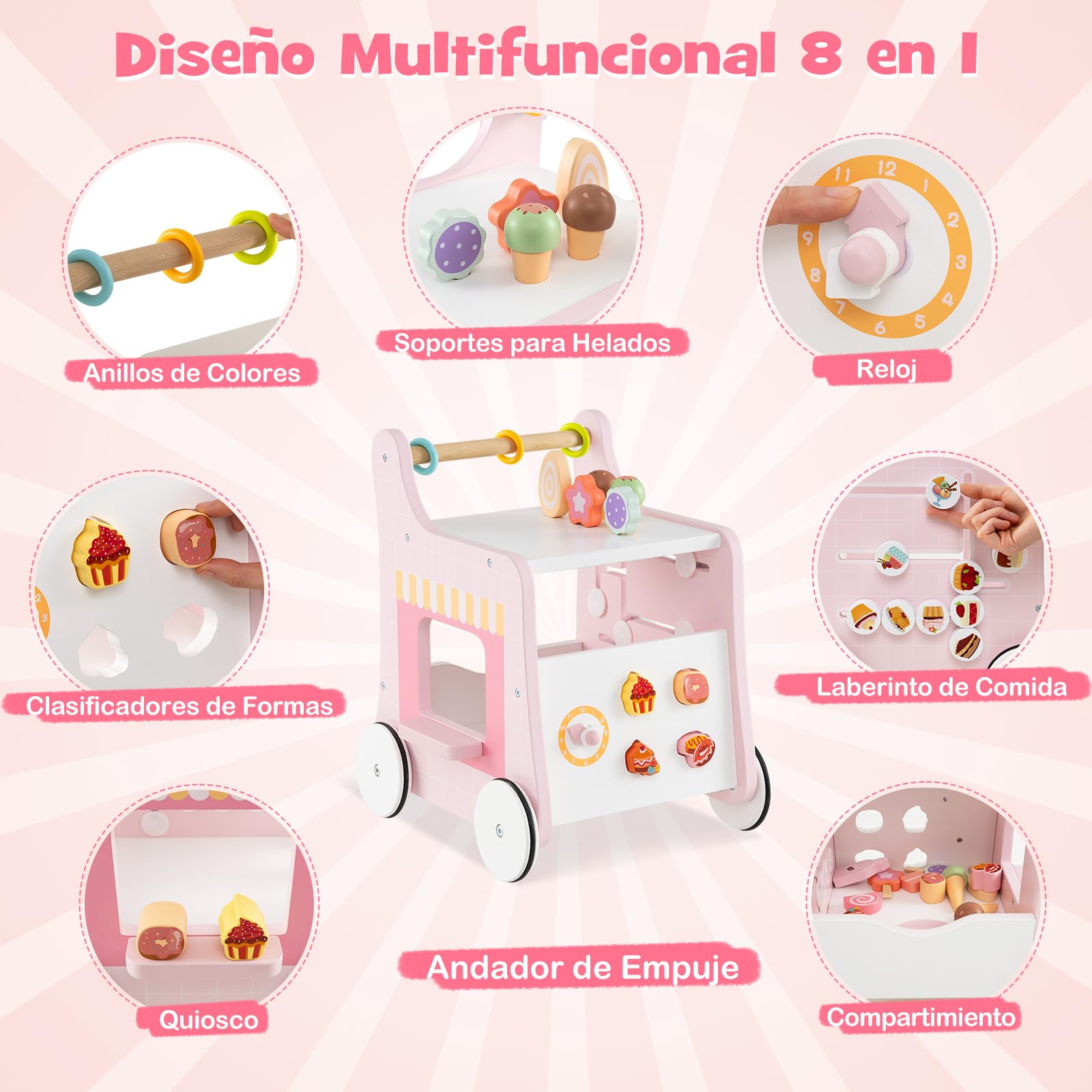 GOPLUS Andador de Madera 2 en 1 para Bebés, Juguete de Empujar Montessori, Carrito de Helados con Accesorios Interactivos, Ruedas Antideslizantes, Centro de Actividades para 1+ Años (Rosa)