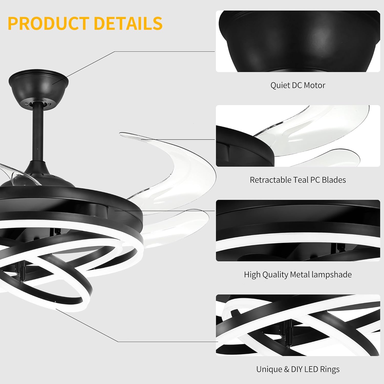 Retractable Ceiling Fan, 42 Inch Chandelier Ceiling Fans with Light, Modern Fandelier Ceiling Fan for Bedroom Living Room Dinning Room, Reverse Motor, 3 Color Temperature, 6 Wind Speed-Black