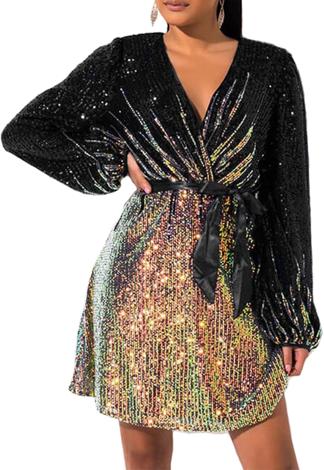 828 - Plus Size Long Sleeves Wrapped V Neck Sequins Skater Style Cocktail Evening Club Dress