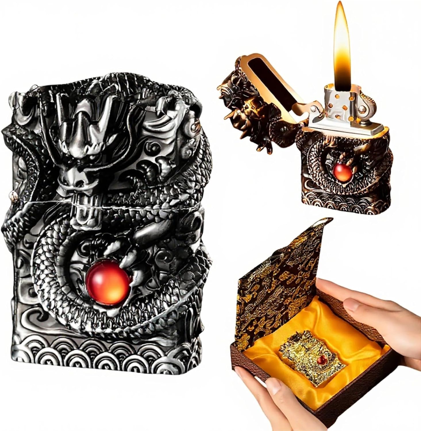 Refillable Kerosene Lighter - Vintage Dragon Design, Windproof Soft Flame Trench Lighter for Men & Women, Collectible Antique Gifts (Silver)