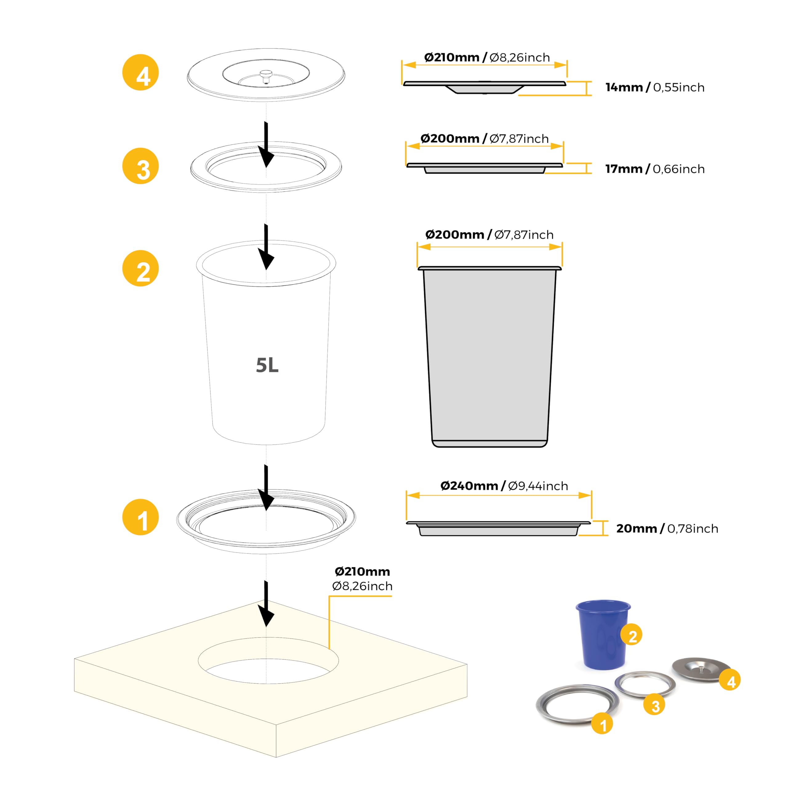 Emuca - Pattumiera da Incasso con Coperchio per Piano Cucina, Contenitore Estraibile Cucina 5L, Acciaio Inox.