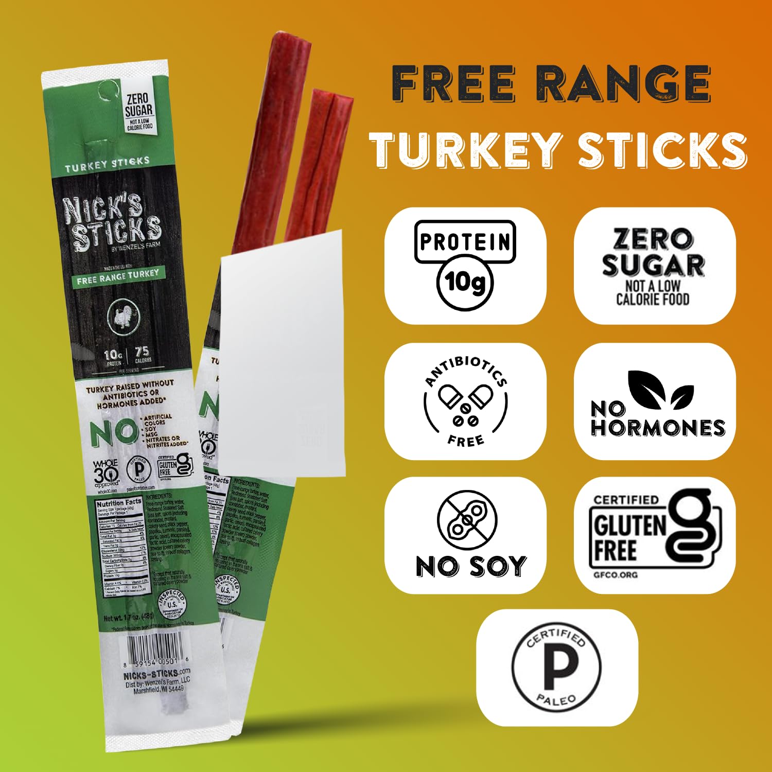 Nick's Sticks Clean & Balanced Free Range Turkey Snack Sticks | Made in the USA | Gluten Free | Paleo, Keto, Whole30 Approved | No Soy, Antibiotics or Hormones (25– 1.7oz. Packs of 2 Sticks)