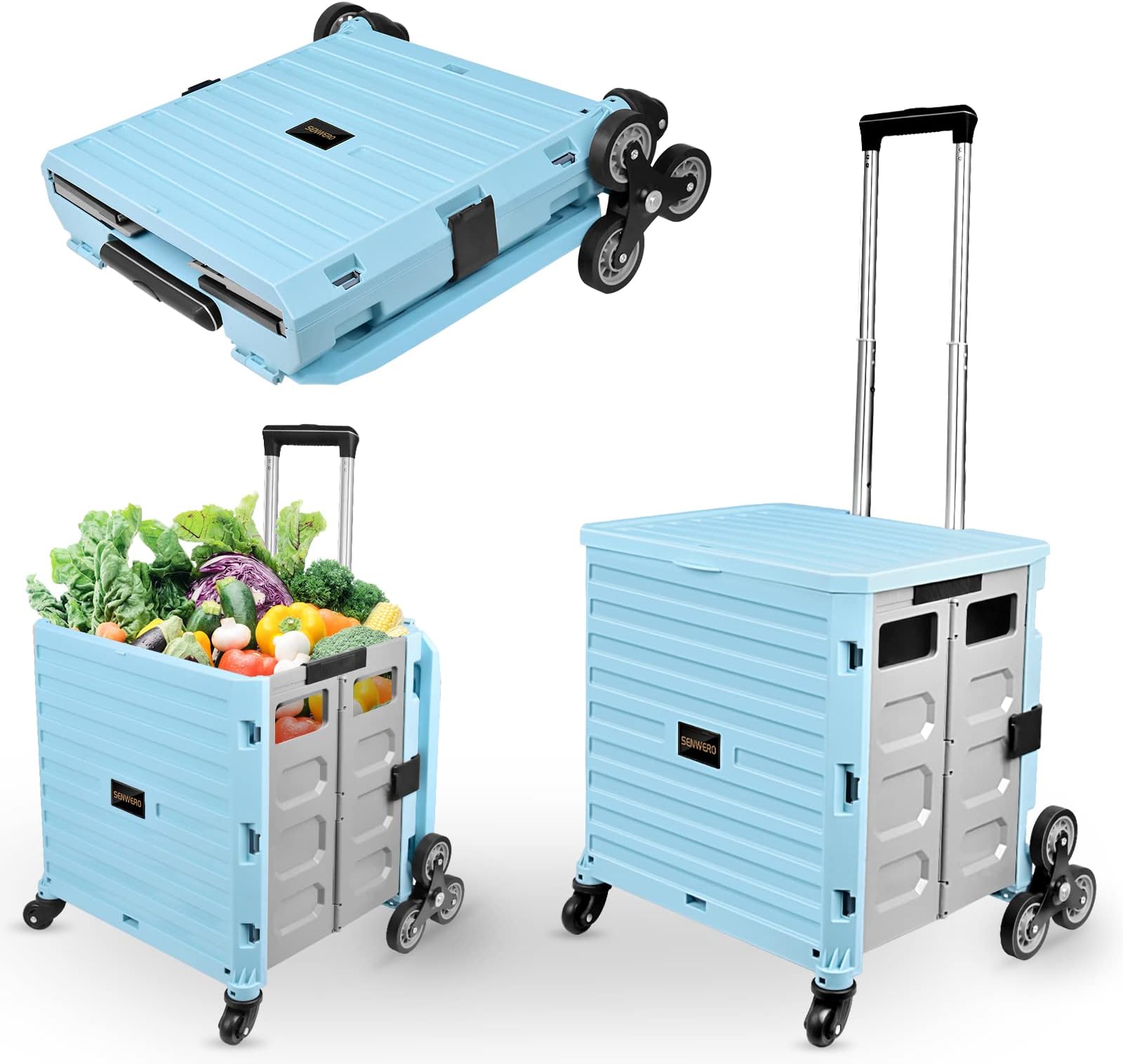 Foldable Utility Cart with Wheels, Stair Climbing Collapsible Rolling Crate for Teachers, Heavy Duty Shopping Cart with Telescoping Handle and Lid for Groceries Office Travel Transport Blue(US Stock)