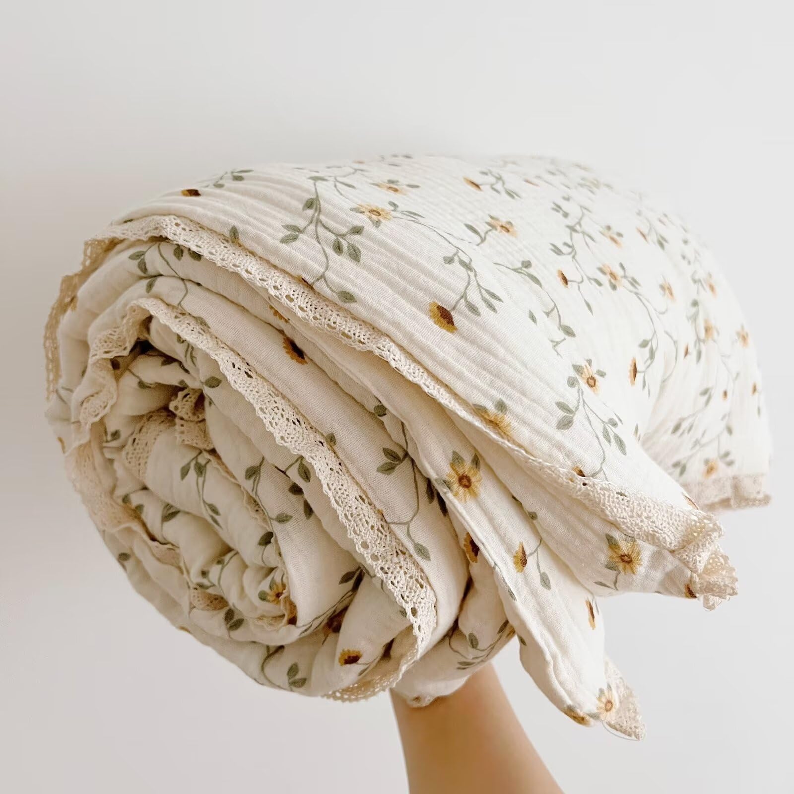BuLuTu Edredón de muselina para bebé, lindo edredón para cuna, mantas de muselina suave y ligera para niñas y niños, patrón de flores silvestres, 47 x 59 pulgadas