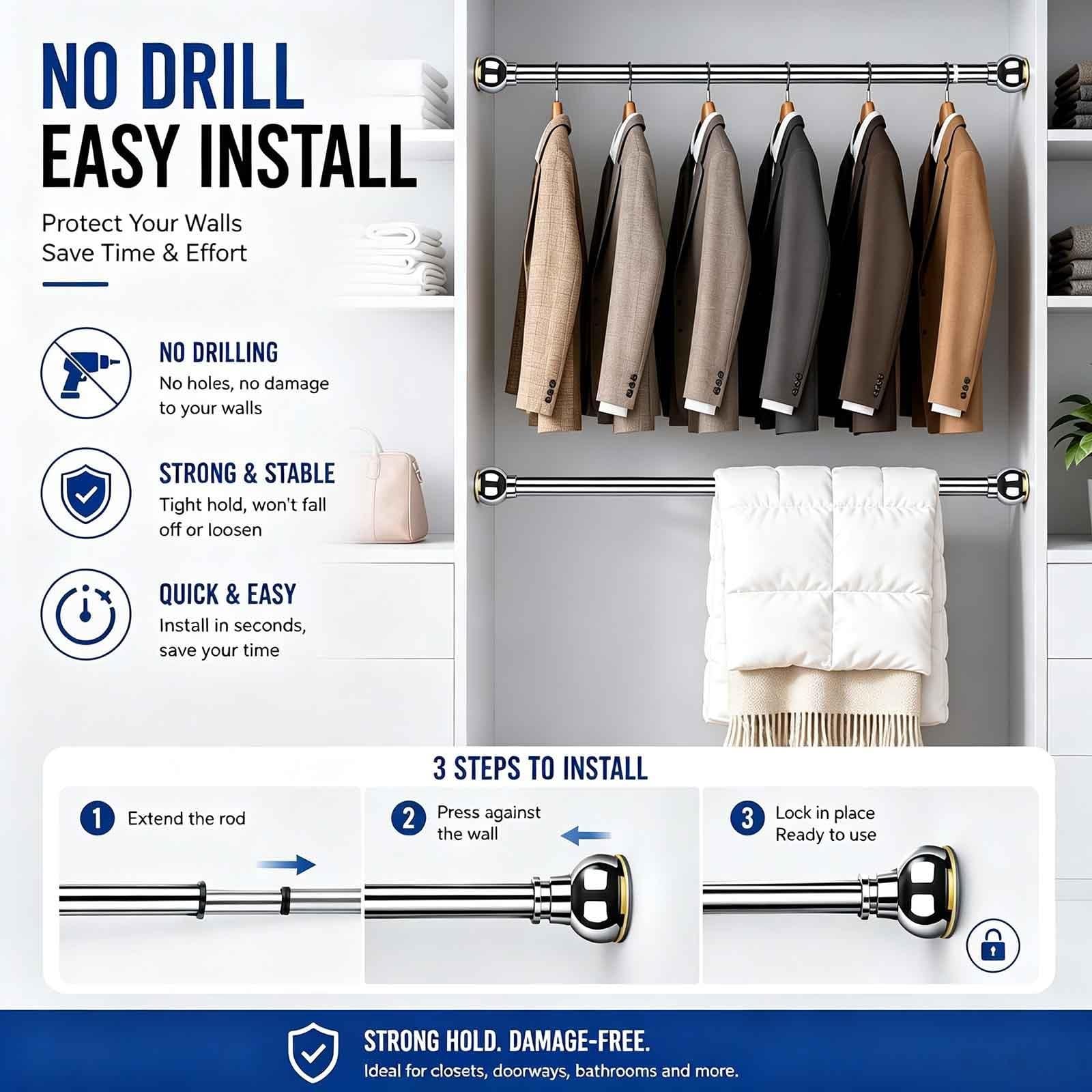 304 Stainless Steel No Screw Curtain Rod, Shower Curtain Pole