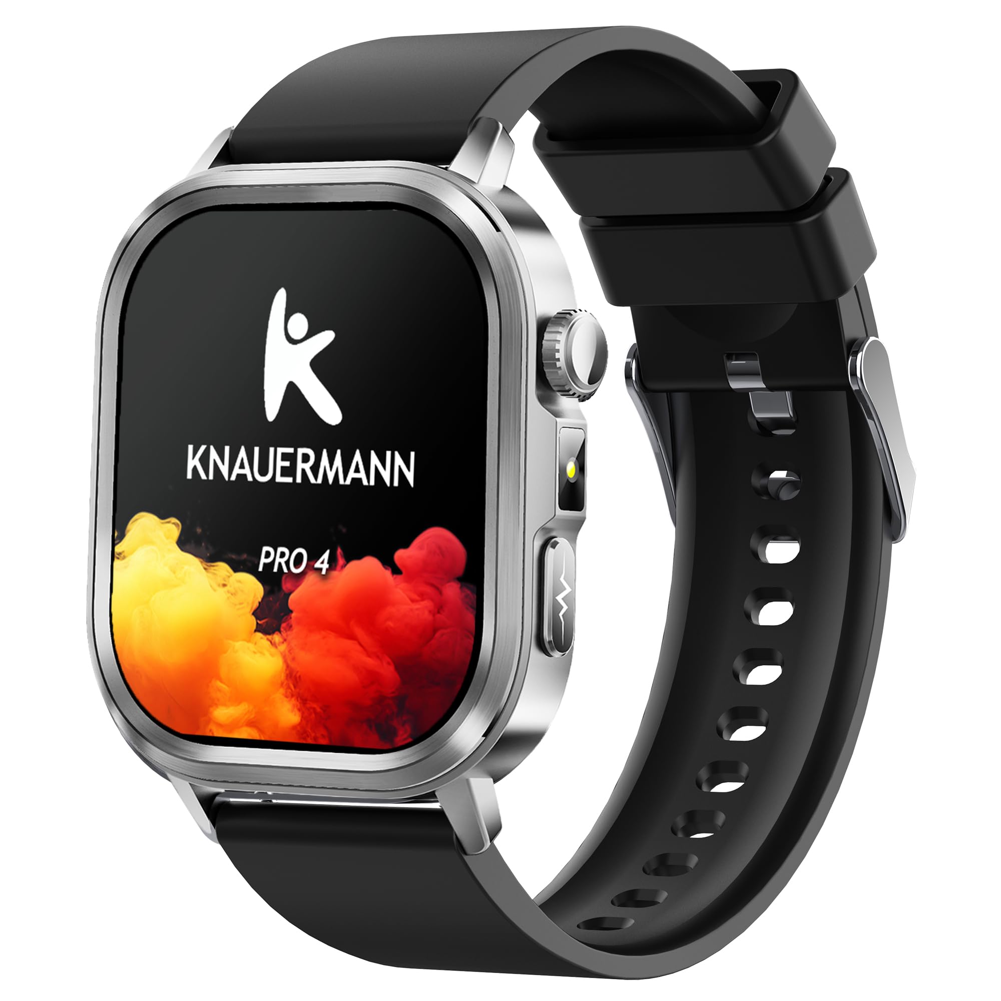 Knauermann Pro 4 (2026) Montre de santé carrée, argentée, ECG, avec Mesure de la Pression artérielle, du pouls et de l'oxygène dans Le Sang, Fonction téléphone, Analyse du Sommeil, IP67, 46 mm, en
