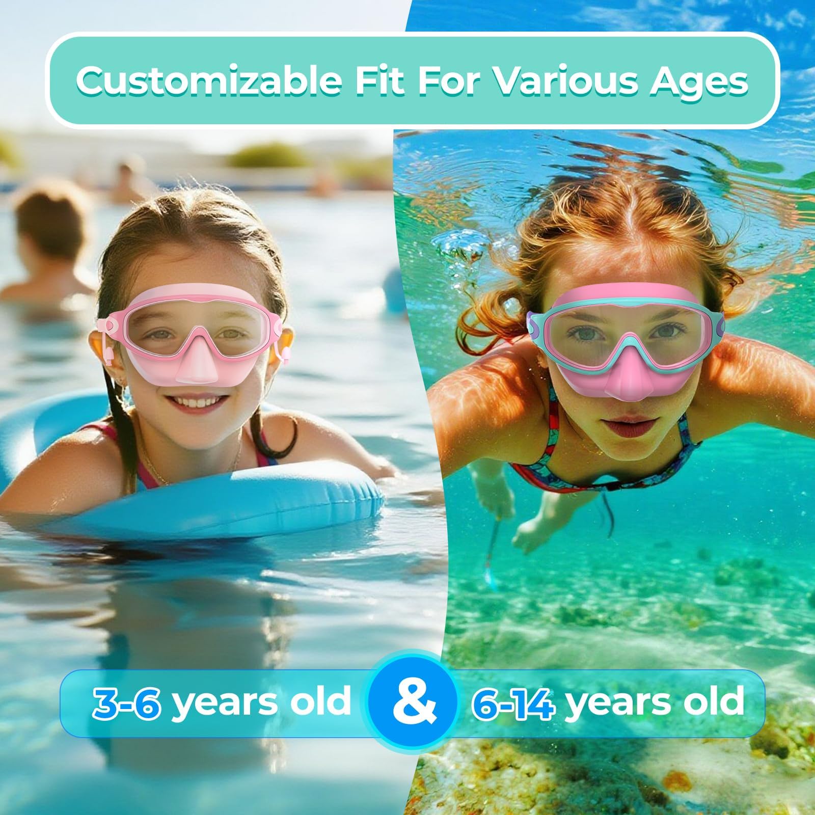 Schwimmbrille für Kinder von 3–15 Jahren mit Ohrstöpseln, großer Rahmen, Anti-Beschlag/UV, mit Nasenpolstern für Jungen, Mädchen, Kleinkinder, 2 Stück, Rosa und Korallenviolett