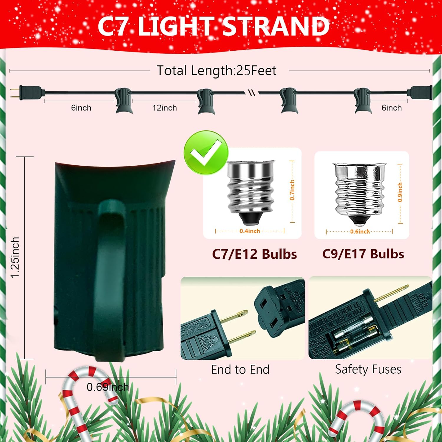 25Ft Light String Set with 25 #10 Plastic Clips, C7 Outdoor String Light Stringer, E12 Sockets 12" Spacing, Light Strand Spool for Christmas Backyard Roofline Wedding Patio Lighting Decor, Green Wire