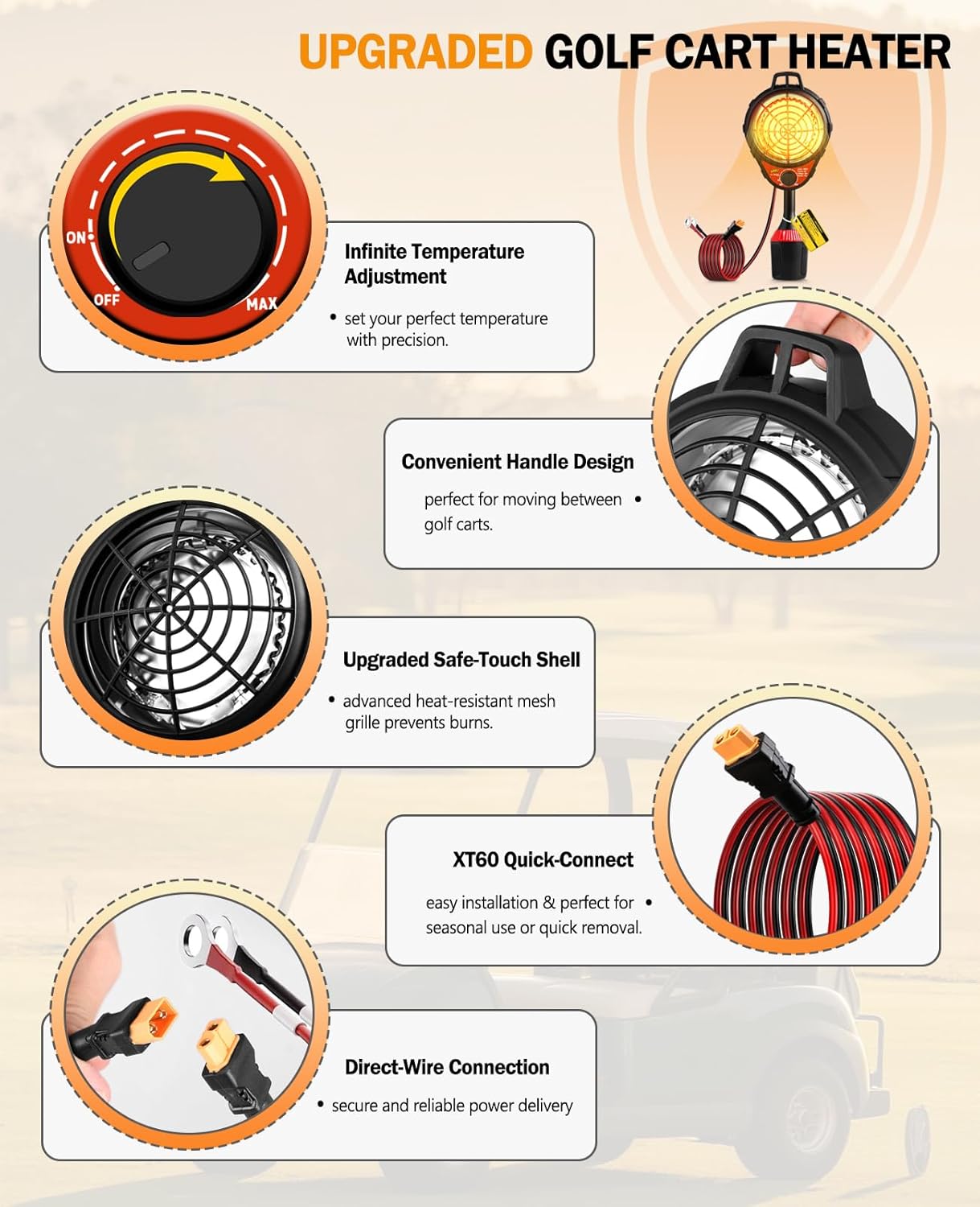 Condition photo showing New/Like New for golf cart heater electric with infinite temperature adjustment, 400w 2-second fast heating battery operated heaters carbon fiber for club car/yamaha/ezgo, golf cart accessories red 48v