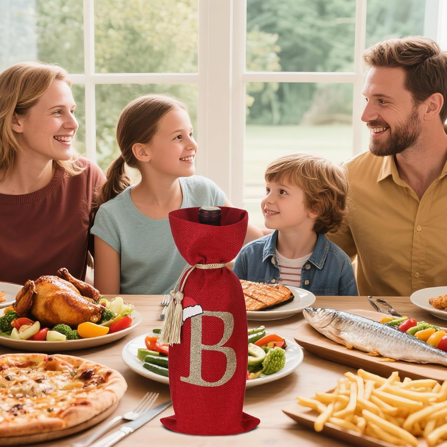 Christmas Wine Bottle Gift Bags, Red Burlap with Gold Monogram Initial, 6x13.5 inch, Set of 2 with Tassels Letter A - Image 4