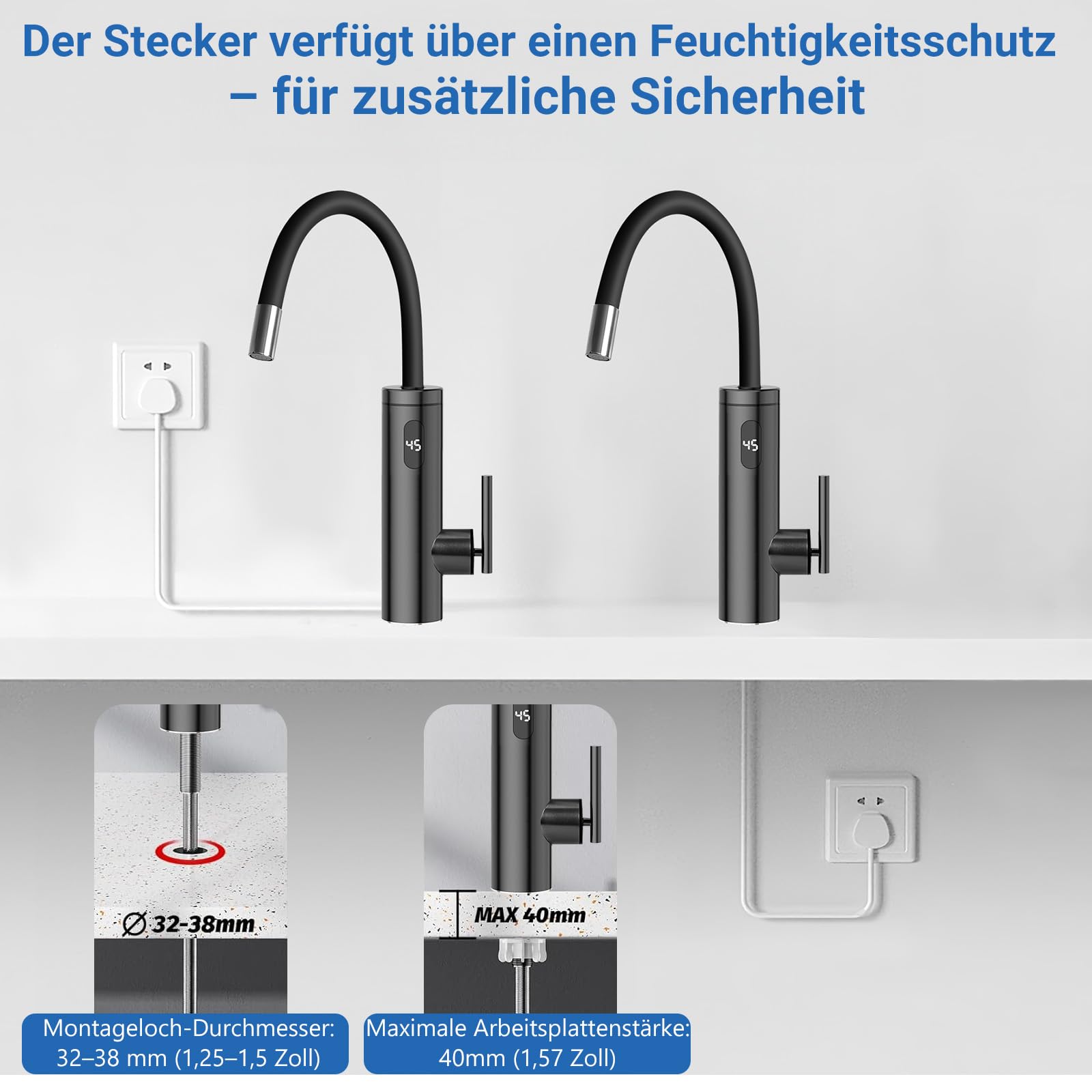 Robinet avec Chauffe-eau Instantané, 3300W Acier Inoxydable Mitigeur électrique avec Chauffe-eau Intégré avec 40cm Tuyau d'alimentation en Eau, 360° Flexible Rotatif, LED Température, Noir