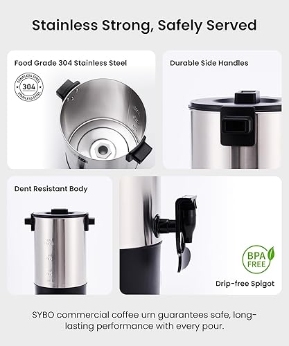 Miniatura 23 de SYBO RCMO15S-8C - Cafetera de percolar de acero inoxidable de calidad comercial Urna de agua caliente con capacidad para 40 tazas para hostelería, 8