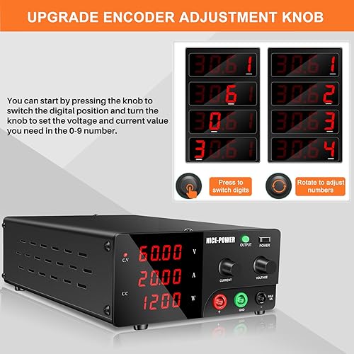 Miniatura 34 de NICE-POWER Fuente de alimentación de CC variable, fuente de alimentación de banco de alta potencia de 30 V 30 A 900 W con perilla de codificador e