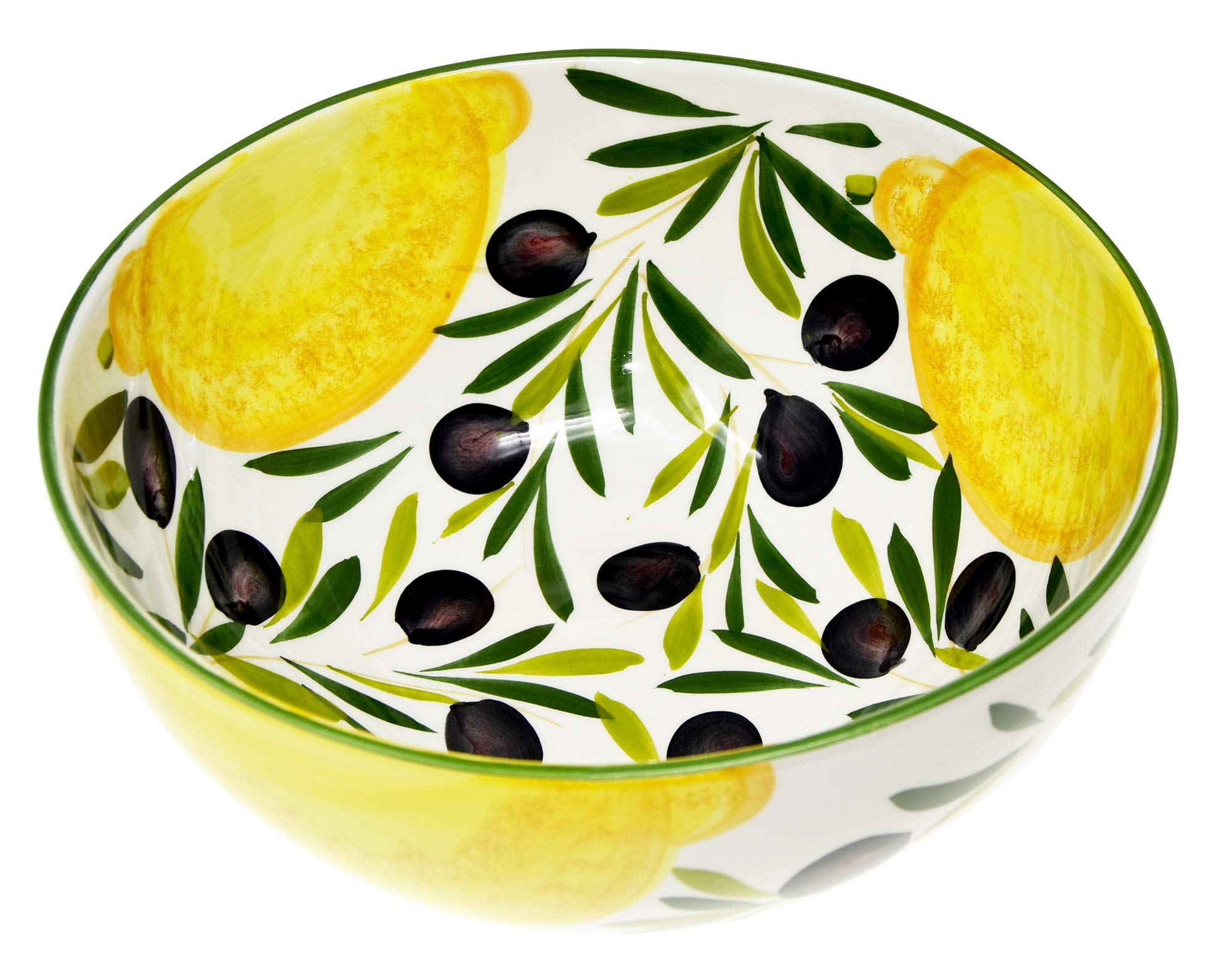 Lashuma Bol de service rond en céramique italienne peinte à la main 26 cm - Design citron - Olive - Profondeur : 12 cm