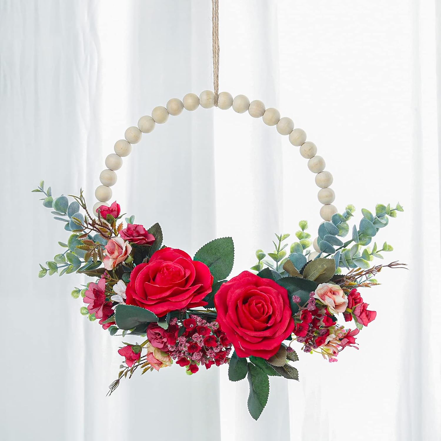 13.8 Inch Spring Floral Wreath Boho Wall Decor –All Season Indoor/Outdoor Door Hanging Wood Beads Fake Rose Flower Farmhouse Wreath