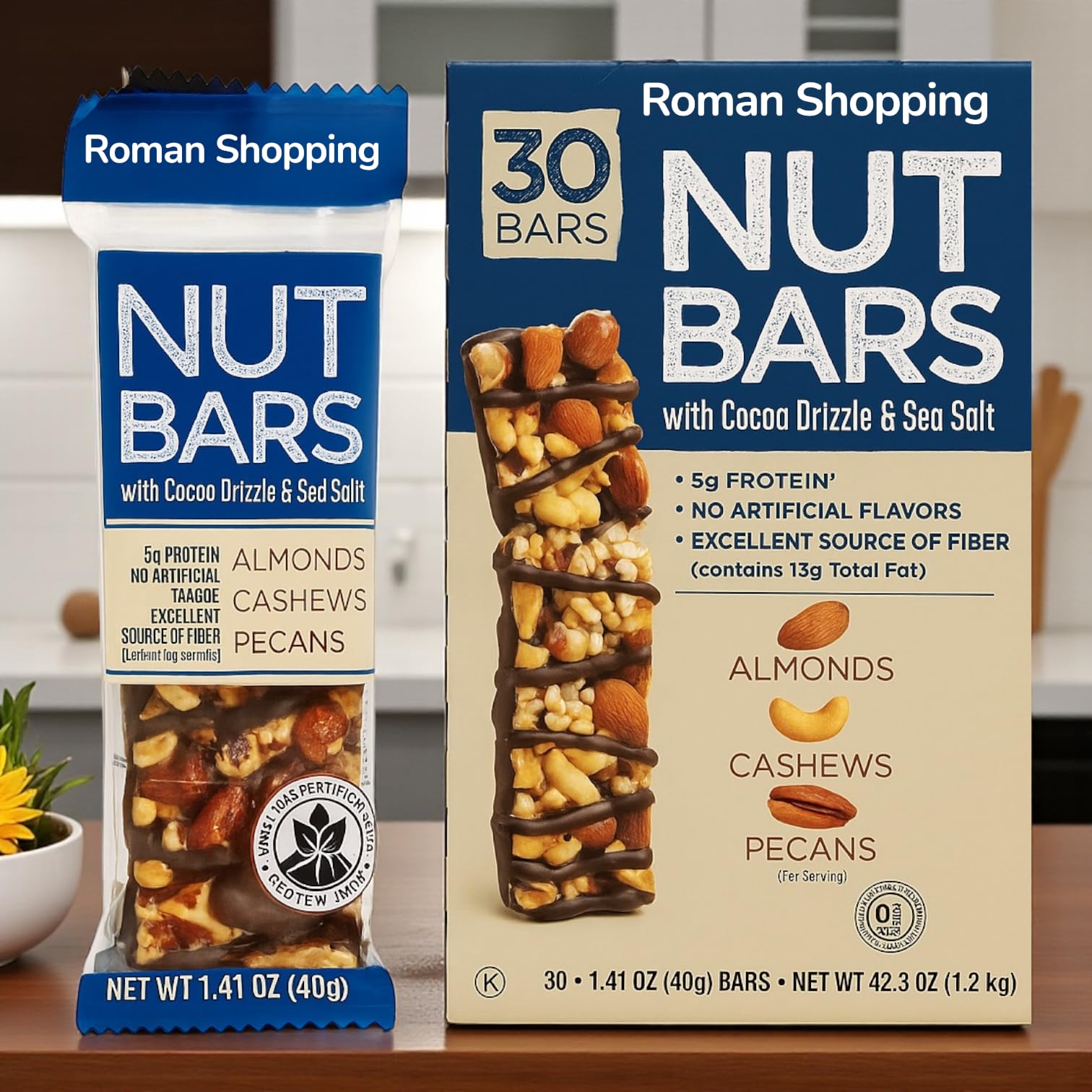 Kirkland Nut Bars with Cocoa Drizzle & Sea Salt – 5g Protein, High Fiber, Gluten Free, Kosher, 60 Count (2 Boxes), 1.41 oz Bars, Net Wt 84.6 oz
