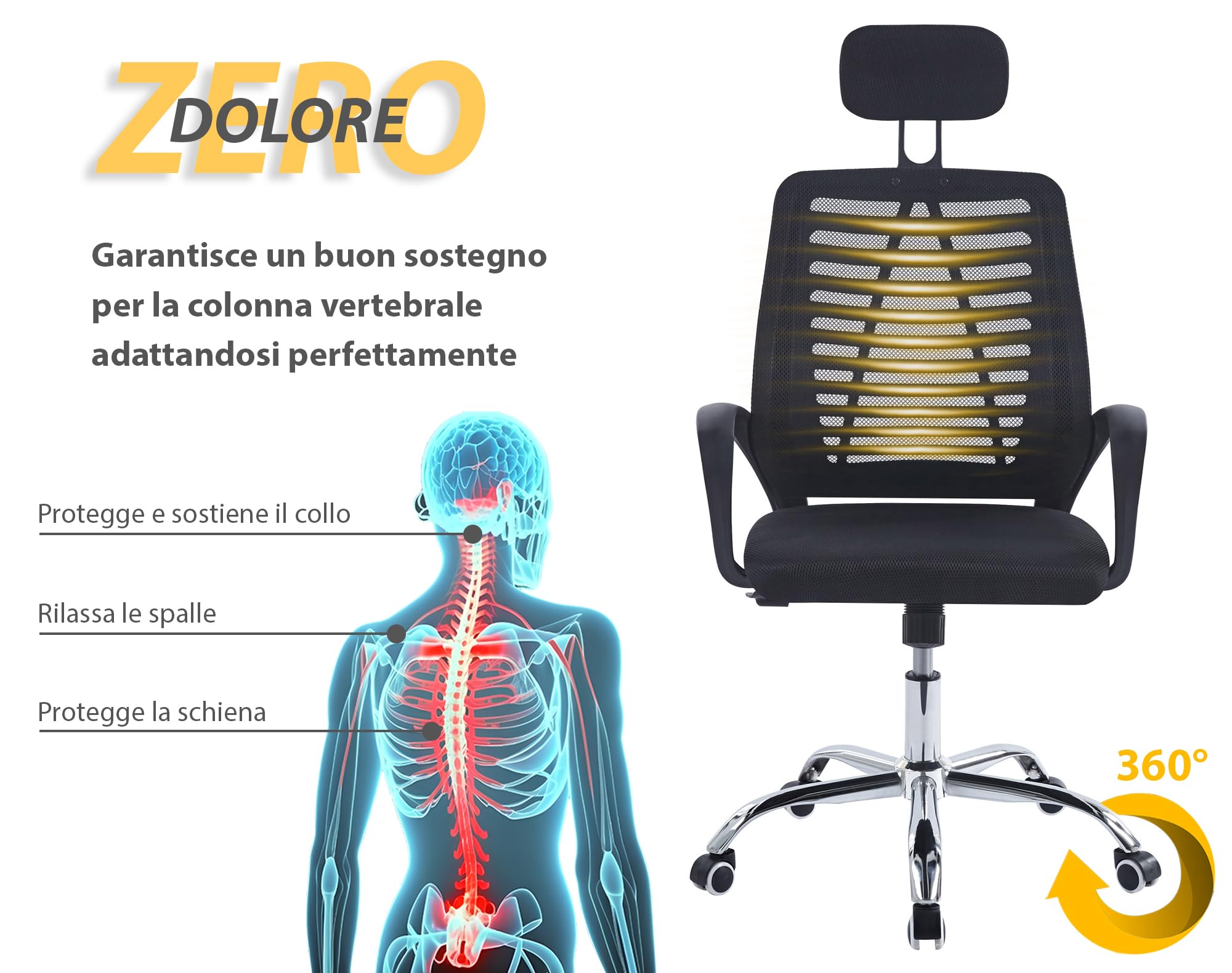 IlGruppone Sedia Direzionale Da Ufficio Schienale In Rete Regolabile In Altezza,Girevole Inclinazione Ad Ondeggiamento Pistone Gas Traspirante,Supporto Lombare Poggiatesta Elegante Ergonomica,