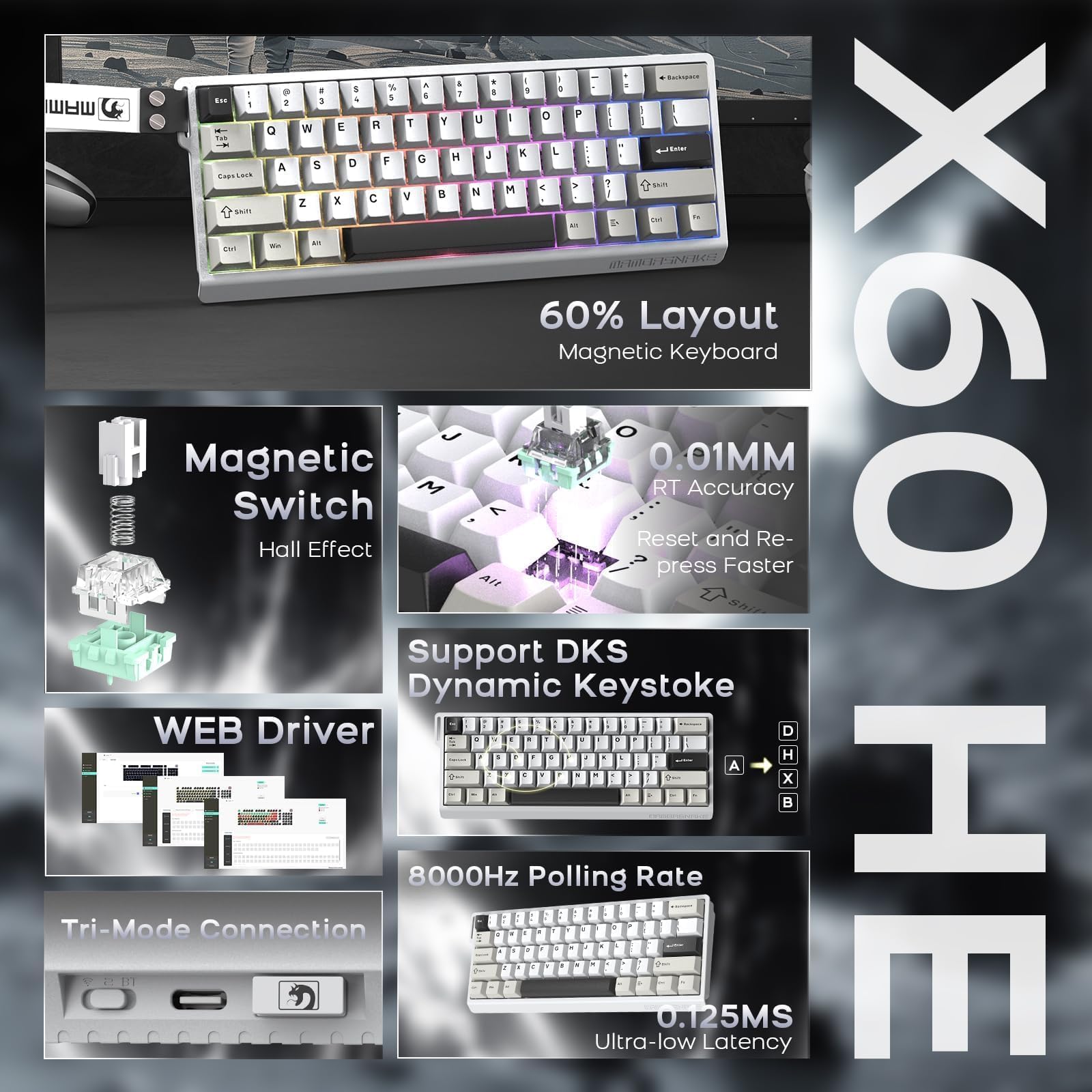 ATTACK SHARK x MAMBASNAKE X60HE Magnetische Tastatur mit X11 Gaming-Maus, kabelloses Tastatur- und Maus-Set, BT/2.4G/USB-C, Rapid Trigger, 8K Polling-Rate, PAW3311, 22000 DPI, ultraleichte Maus–Weiß