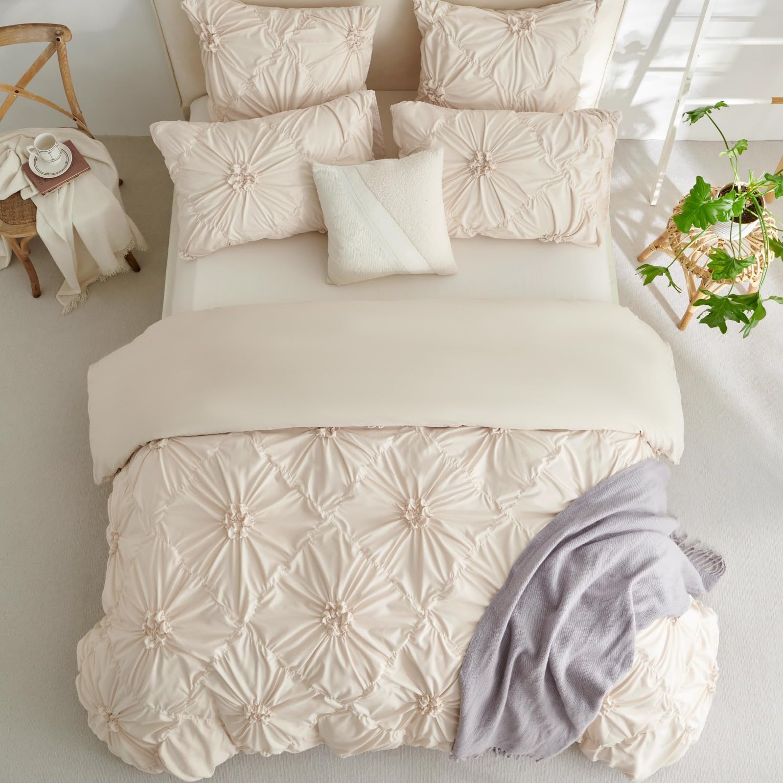 Freyamy Bettwäsche 200x200cm 3teilig Beige Pintuck Plisseefalten Luxus Bettwäsche Pinch Pleat Mädchen Bettwaren-Sets 100% Microfaser Weiche Bettbezug mit Reißverschluss und 2 Kissenbezug 80x80cm