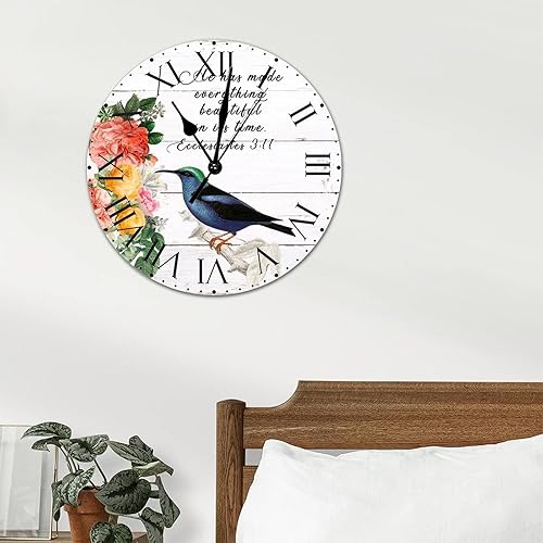 Miniatura 152 de ArogGeld He Made Everything Beautiful - Reloj de pared de PVC con flores rosadas, colibrí, reloj de pared grande con cita y números romanos, reloj
