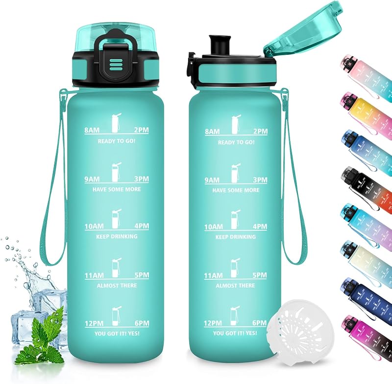 Borraccia 500ml, Borraccia Motivazionale con Filtro, Borracce senza BPA, a Prova di Perdite, Bottiglia Acqua Adulto, per Sportiva, Bici, Viaggio, Corsa, Yoga, Ufficio, Scuola