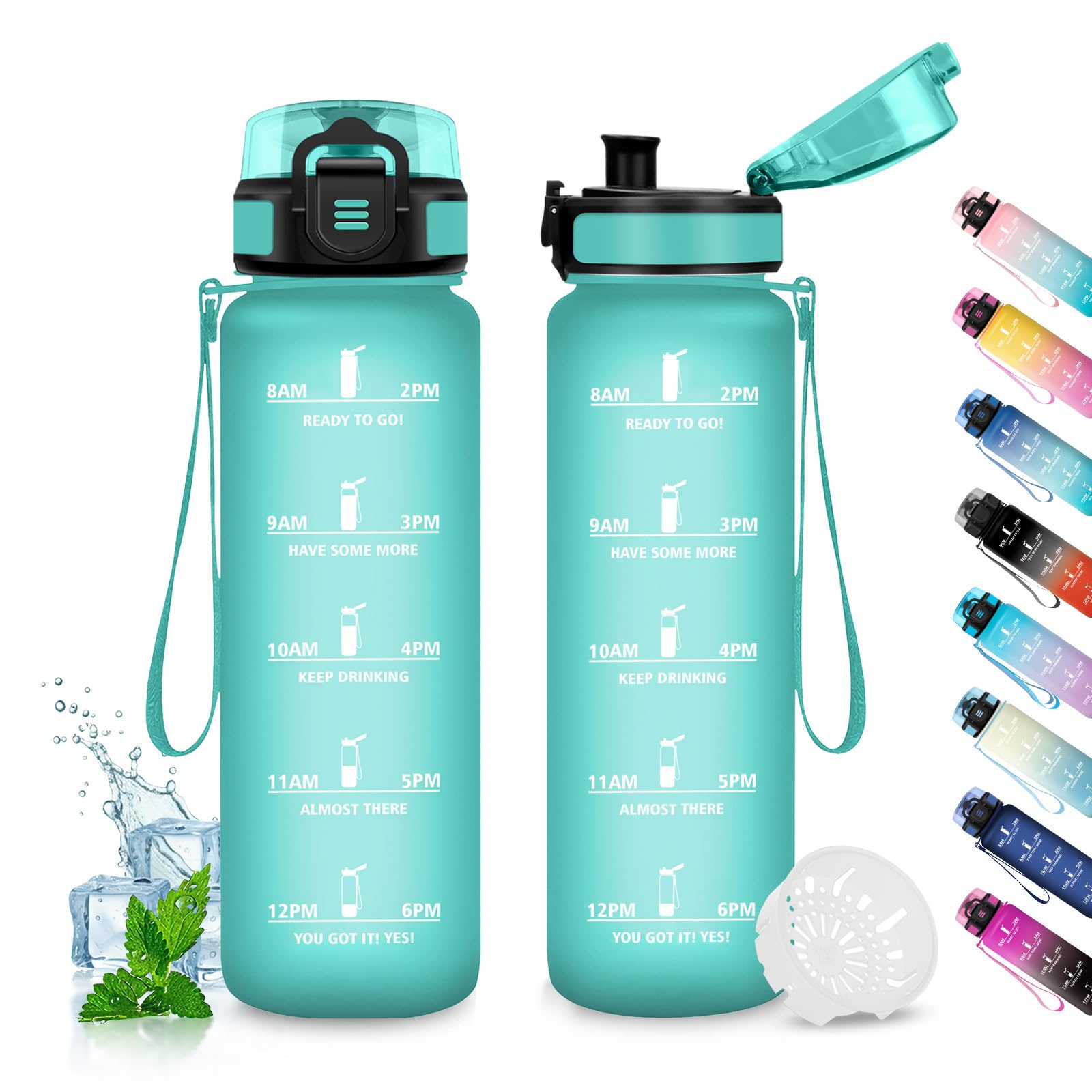 Borraccia 500ml, Borraccia Motivazionale con Filtro, Borracce senza BPA, a Prova di Perdite, Bottiglia Acqua Adulto, per Sportiva, Bici, Viaggio, Corsa, Yoga, Ufficio, Scuola