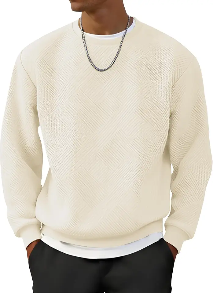 UOUA Men's Crewneck Sweatshirt Jacquard Texture Pullover Casual Long Sleeve Shirt for Fall Winter