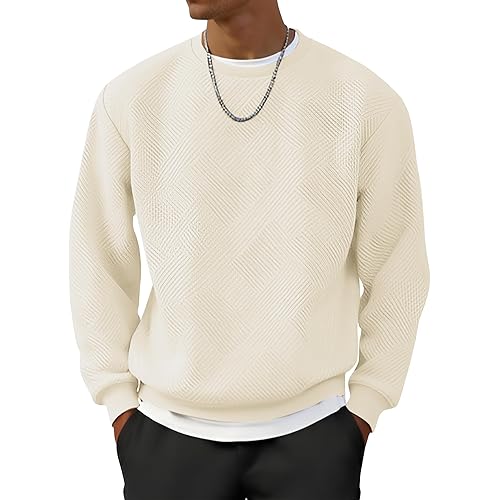 UOUA Men's Crewneck Sweatshirt Jacquard Texture Pullover Casual Long Sleeve Shirt for Fall Winter