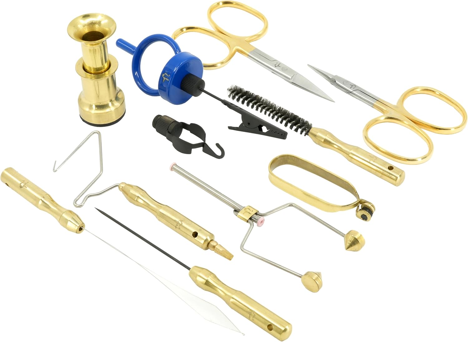 Kingfisher Fly Tying Comprehensive Tool Kit, with Case, Scissors, Bobbin, Bodkin, Whip Finisher, Hackle Plier, Hair Stacker 11 Piece, Brass