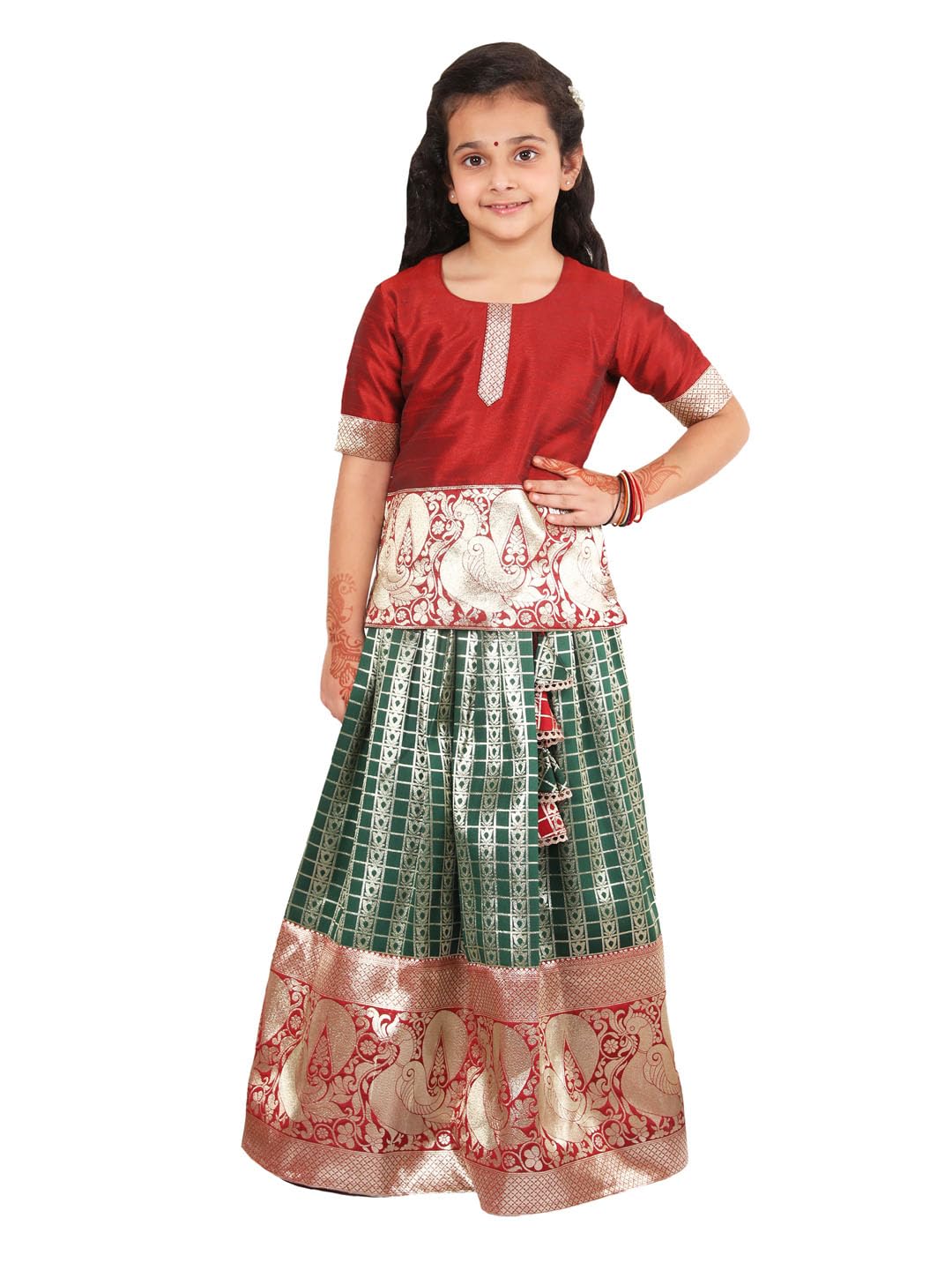 Jbn Creation Silk Blend Girls South Indian Style Pavda Pattu Lehenga (Jbnglc050Gn_34L_Maroon And Green_12 Years-13 Years)