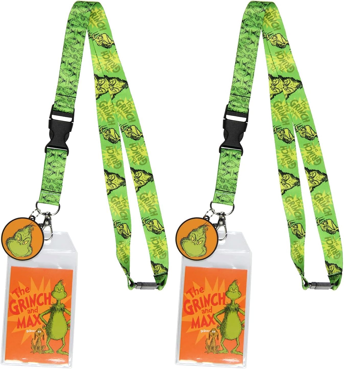 Dr. Seuss Grinch and Max ID Badge Holder Lanyard w/ 1.5" Logo Rubber Pendant (Pack of 2)