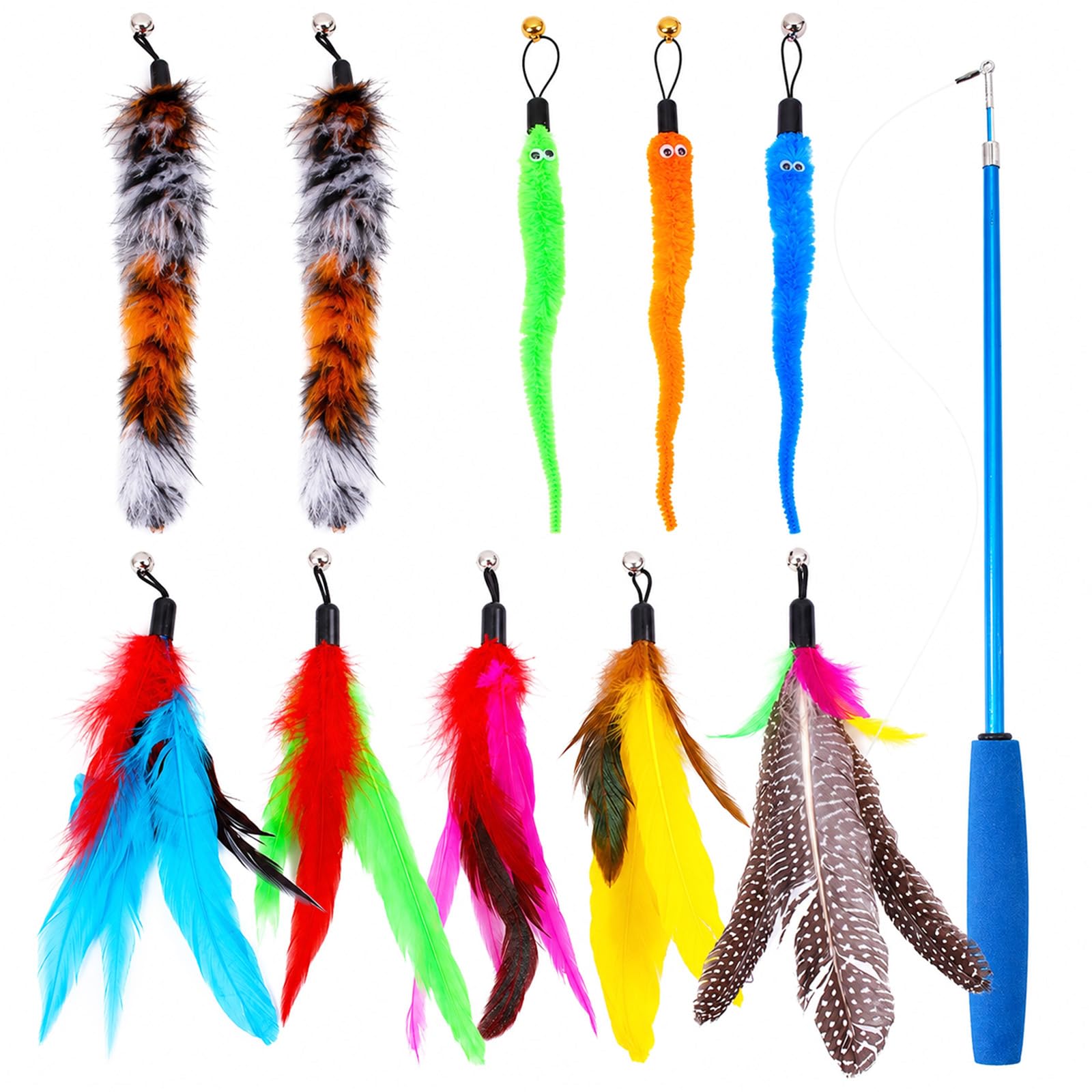 YUNLIJIA 11 Pcs Cat Toys Feather Wand 10 Replacement Refills