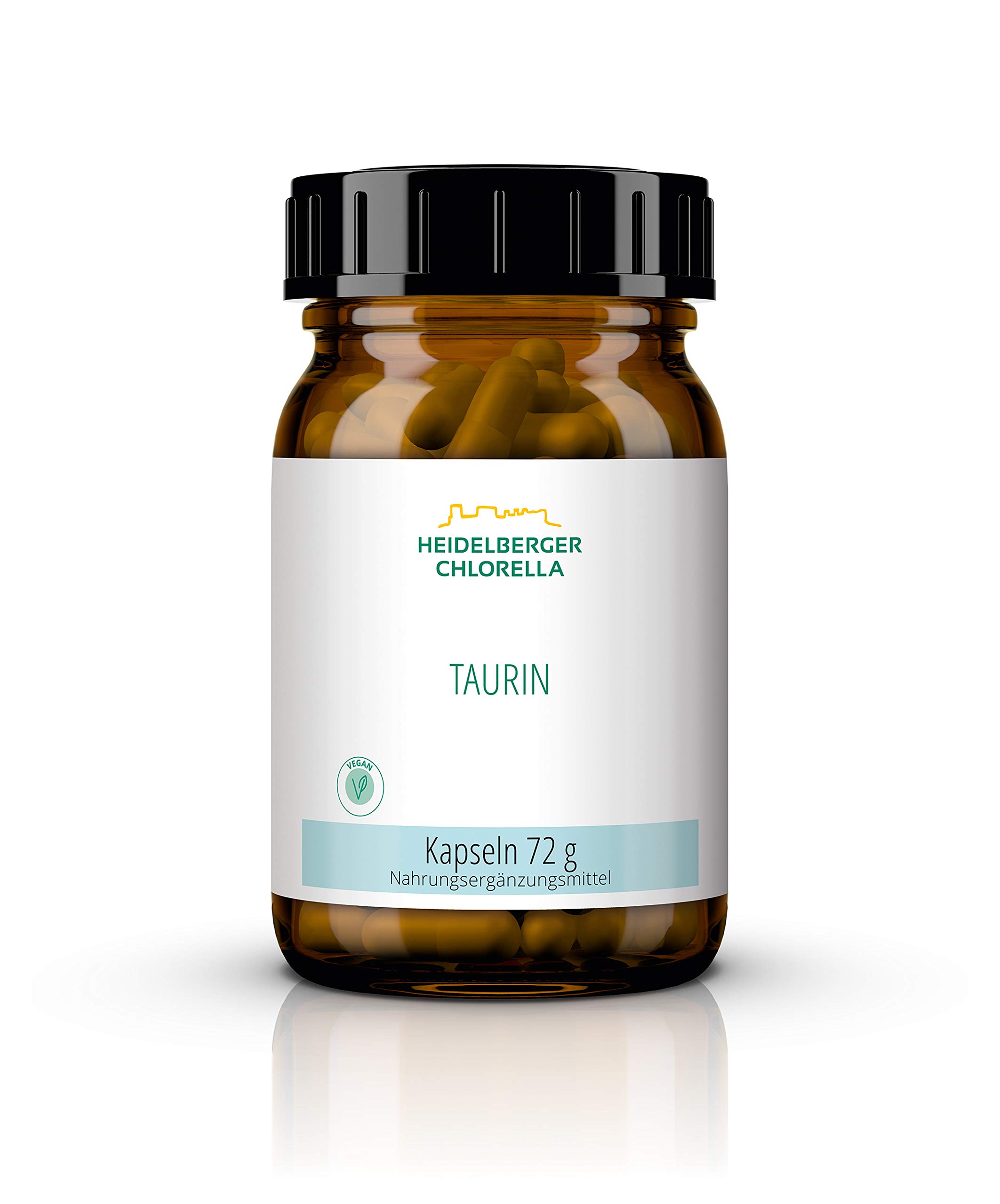 Heidelberger Chlorella – Taurin Kapseln, vegan, körpereigene Aminosulfonsäure, hochdosiert und rein, gute Bioverfügbarkeit, hergestellt in Deutschland, 72 g, 120 Kapseln