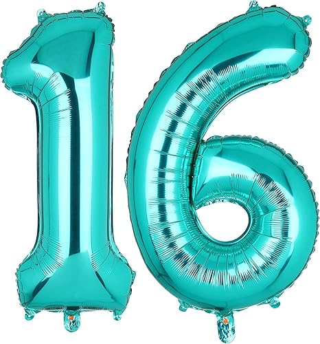 Globos gigantes de color azul Tiffany con el número 16, 40 pulgadas, globo verde azulado del número 16 16 globos para cumpleaños de niño azul
