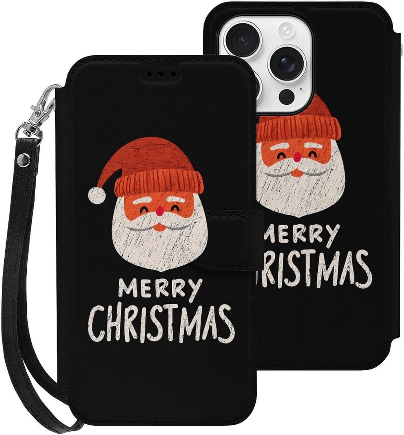 Merry Christmas Santa Compatible with iPhone 16/16 Plus/16 Pro/16 Pro Max/16 E Case Phone Wallet Card Holder Flip Cover with Wrist Strap
