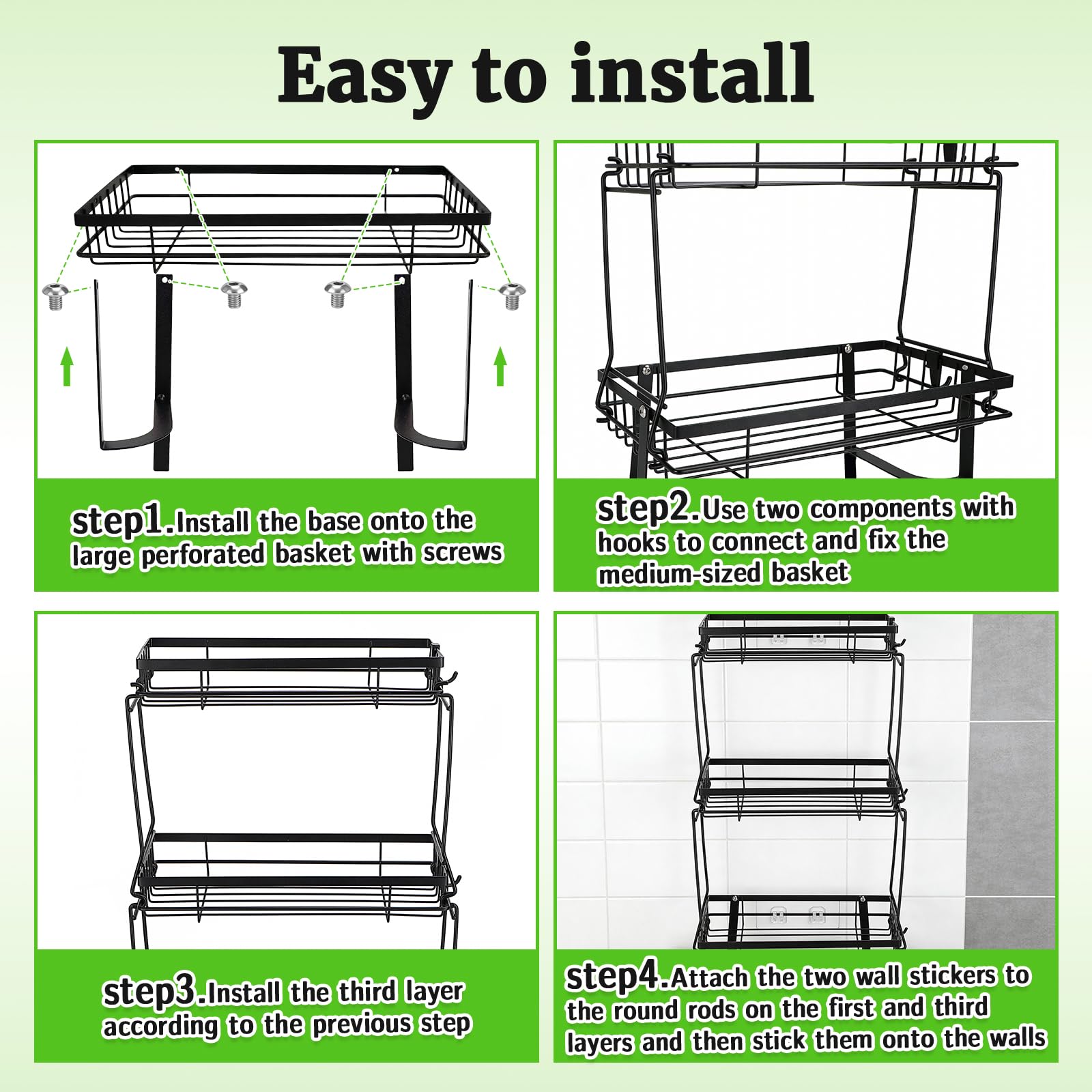 Estante de Inodoro Organizador de baño, Estante de Baño con 3 Estantes, Estante de Baño Multifuncional Ajustable, Estanteria Baño Encima WC, Fácil de Montar para Baño, Lavandería, Negro