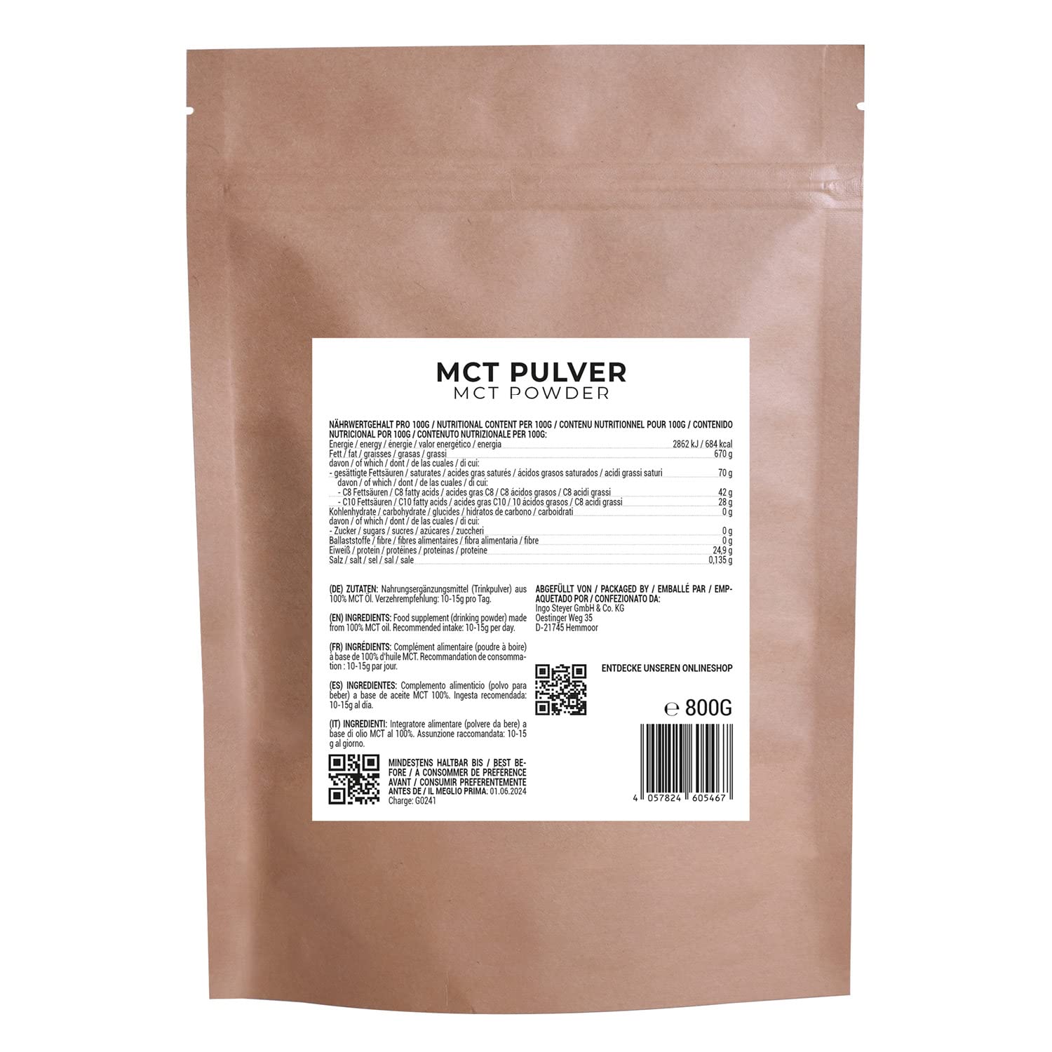 Poudre MCT - 800 g - Qualité supérieure - Parfait pour un régime céto - À base de noix de coco - Neutre au goût - GreatVita