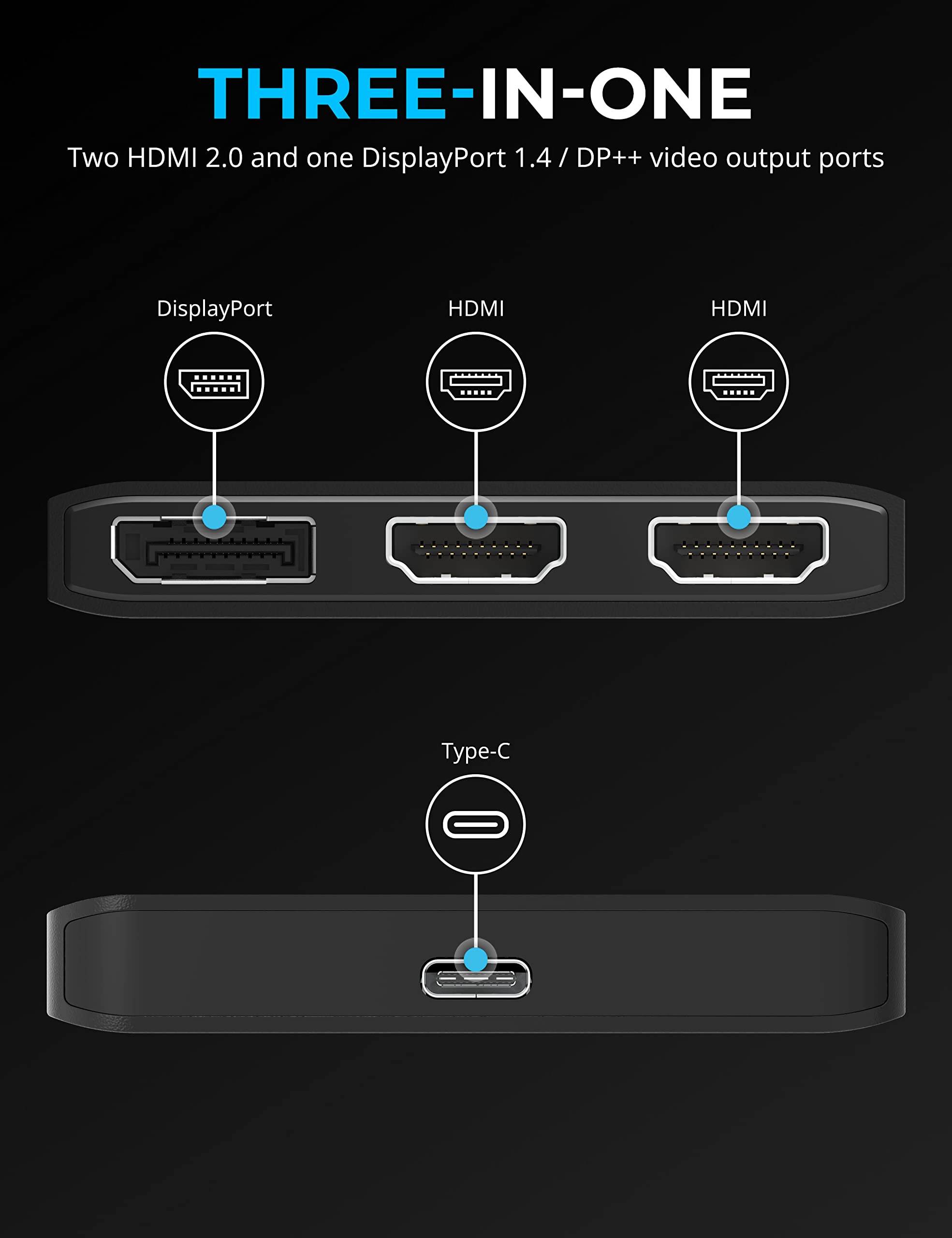 SABRENT Rozdzielacz HDMI, HDMI na USB C, 4K przy 60 Hz, adapter USB C na HDMI, 1 do 3 portów, akcesoria do laptopa, kabel portu wyświetlacza, kompatybilny z Thunderbolt 3 (DA-H2D1)