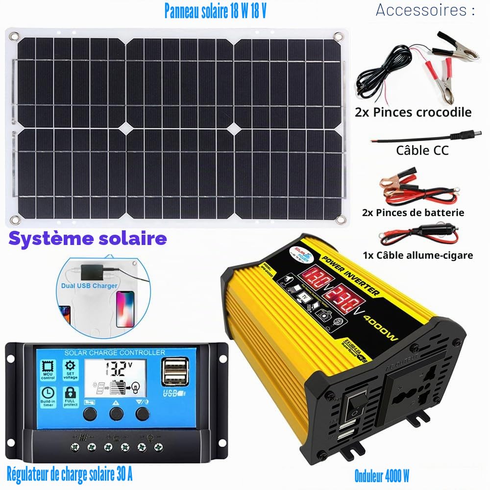 Kit de panneaux solaires, Kit de panneaux solaires 3000W avec onduleur, Contrôleur de charge solaire 18W 12V 30A, Complet avec onduleur solaire pour batteries extérieures non incluses (A)