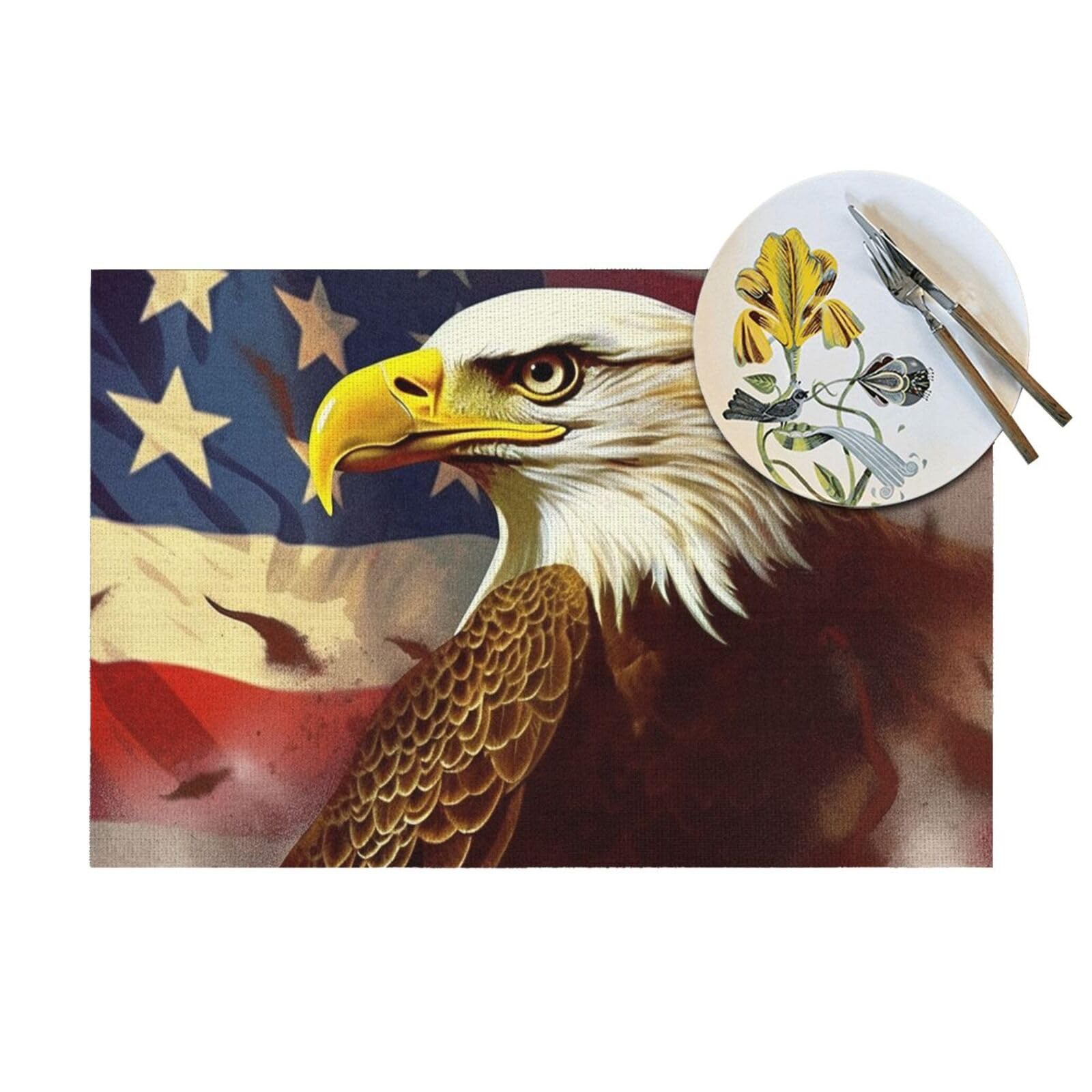 Set di tovagliette con stampa artistica con aquila con bandiera americana, in PVC, resistenti al calore, antiscivolo, lavabili, per cene, feste di nozze, festival, 30,5 x 45,7 cm