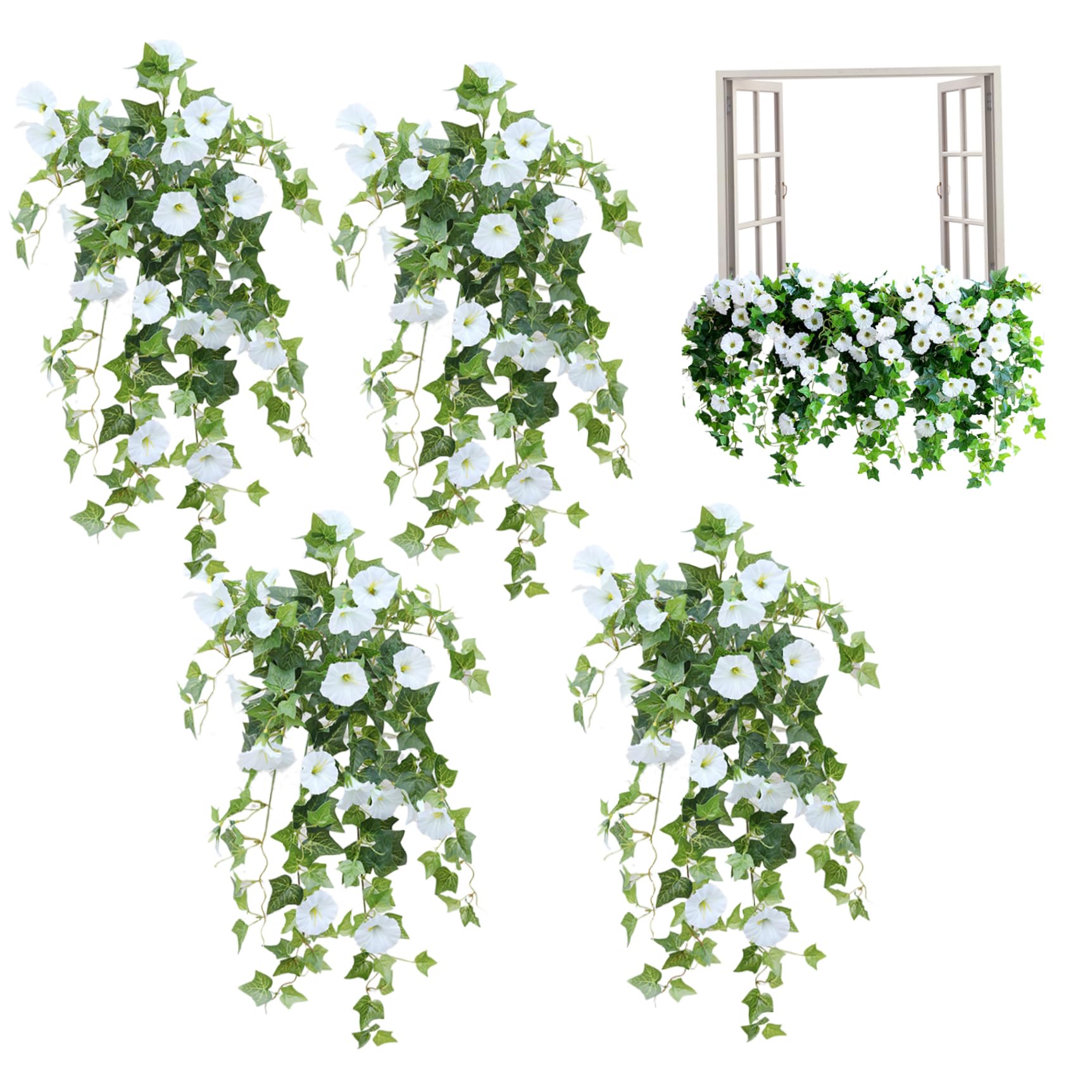 Pétunias artificiels d'extérieur blancs en soie 4 bouquets 66cm pour jardin