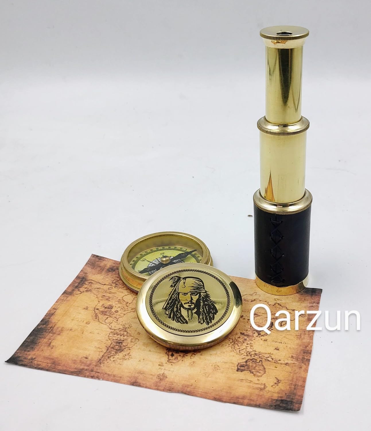 Captain Jack Sparrow Brass Compass with Mini 2 fold Telescope Leather Grip for Pirates Lovers