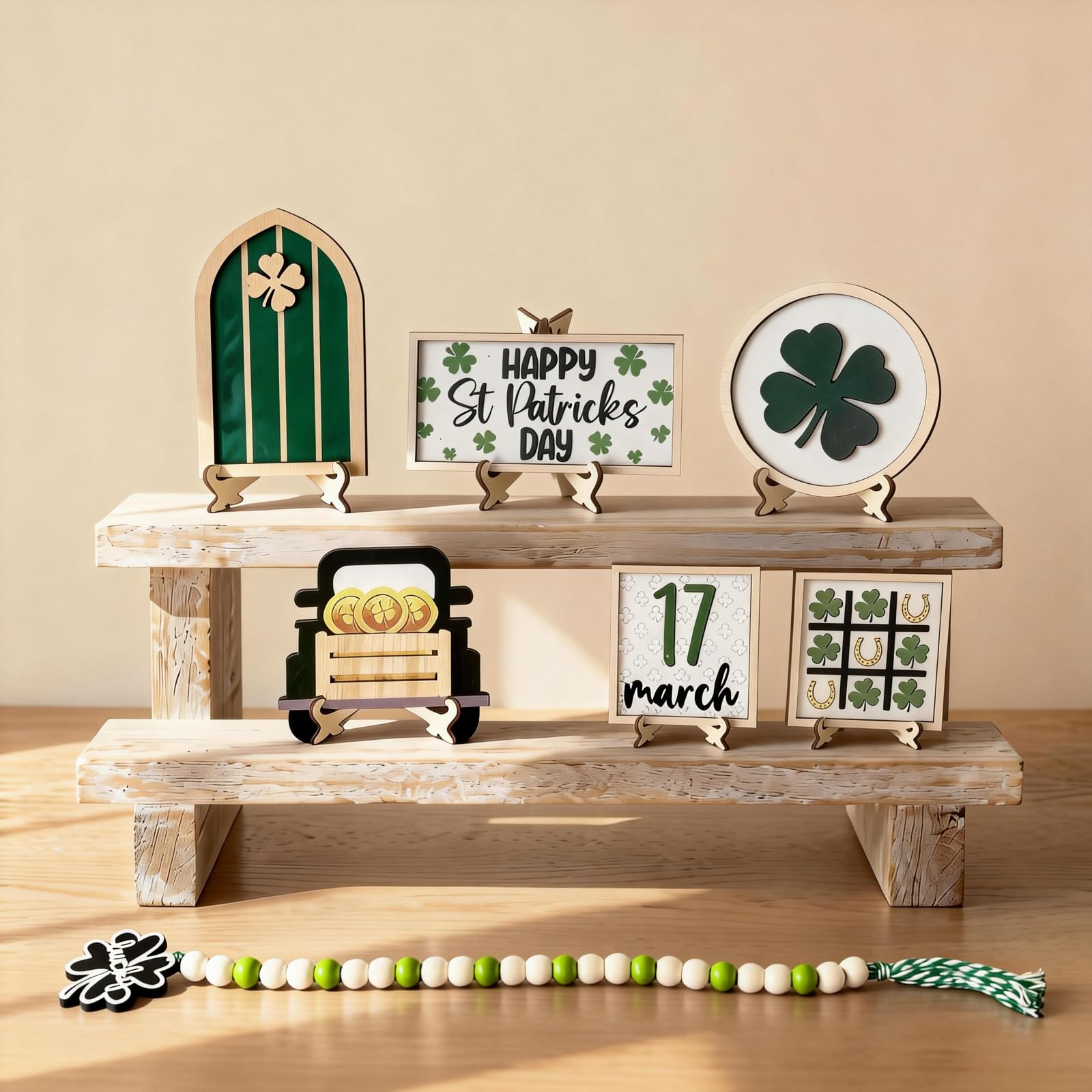 Decoración de San Patricio en madera premium con trébol y guirnalda artesanal para casa rústica