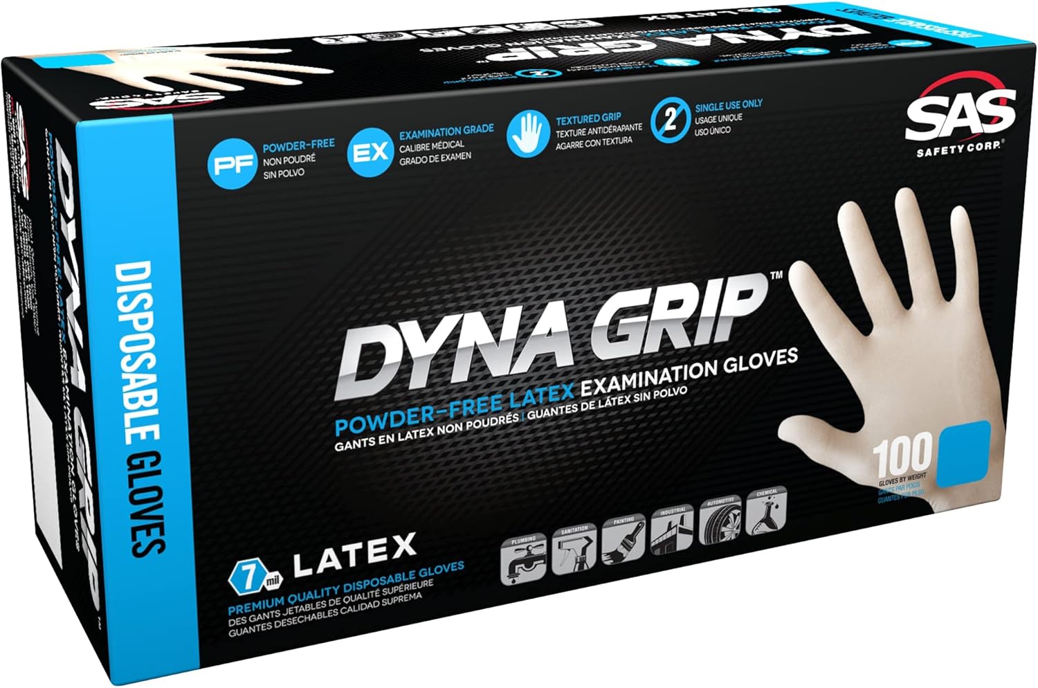 Dyna Grip Powder-Free Premium Latex Disposable Gloves | 7 Mil - Small - 100 Count | Textured Grip, Beaded Cuff, Single Use | for Automotive, Industrial, Janitorial, MRO, Food Service | 650-1001