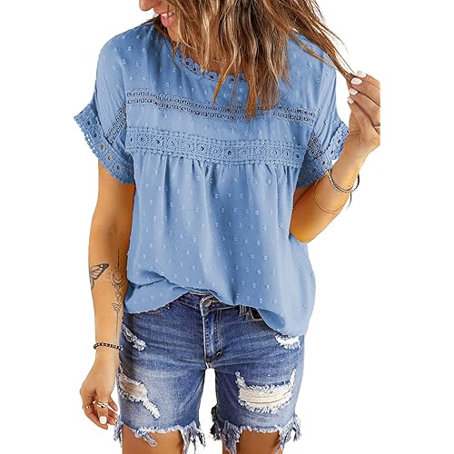 Dokotoo Womens Summer Tops Crewneck Lace Crochet Short Sleeve Shirts Casual Chiffon Blouses