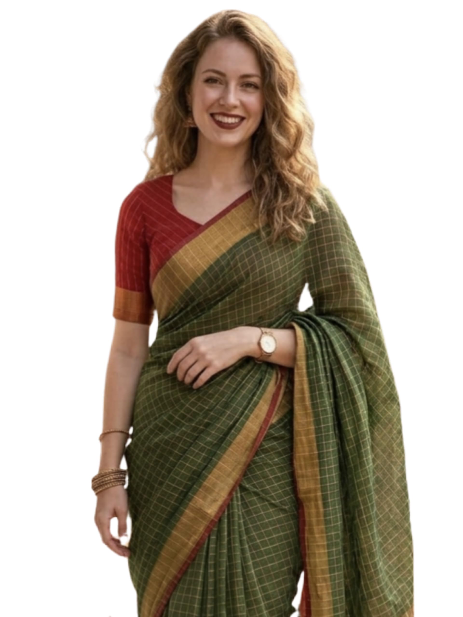 Women's Handwoven Golden Zari Border Linen Cotton Bhagalpuri Saree | Golden Zari Checks And Border | With Red Contrast Blouse Piece_0.9m-image-39