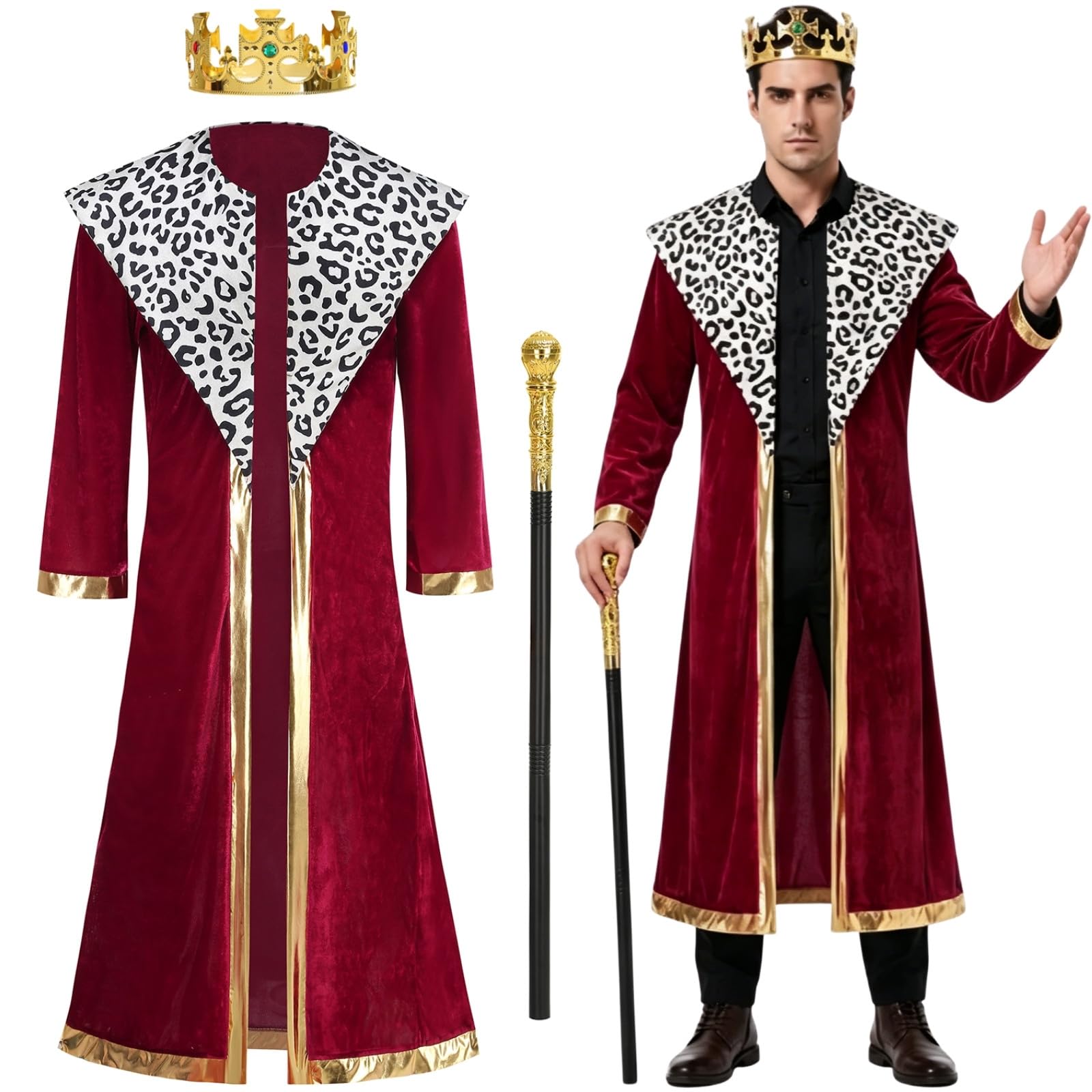 maxToonrain Adult Royal King Costume Set, Velvet Coronation Robe with Shawl Collar, Crown & Scepter for Halloween, World Book Day & Carnival Parties